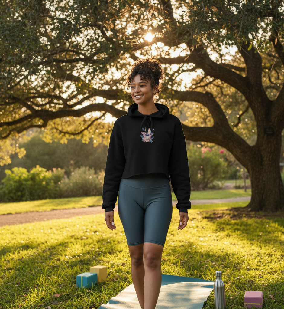 Crop hættetrøje med Hamsa | Bæredygtigt wellnesstøj