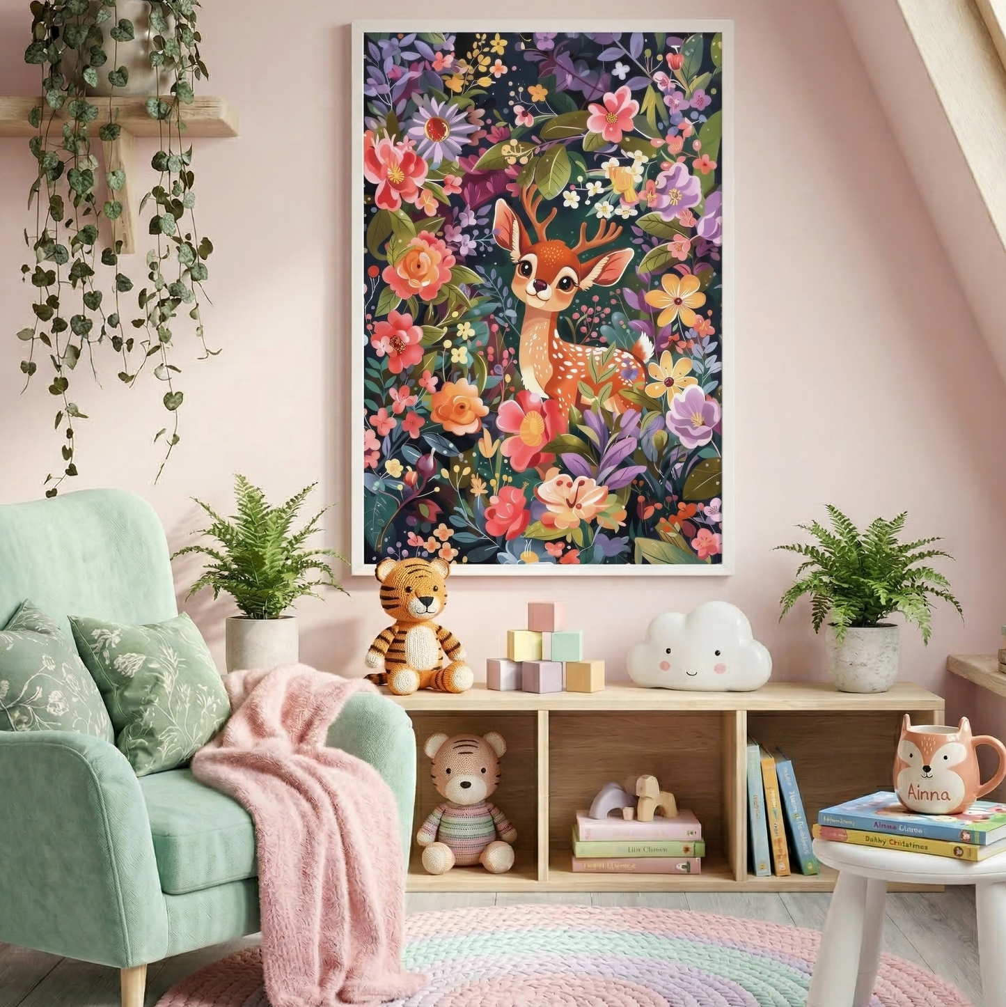 Cottagecore nursery wall art featuring a cute baby deer in a colorful flower garden, displayed in a bright, cozy kids' bedroom with bohemian decor accents