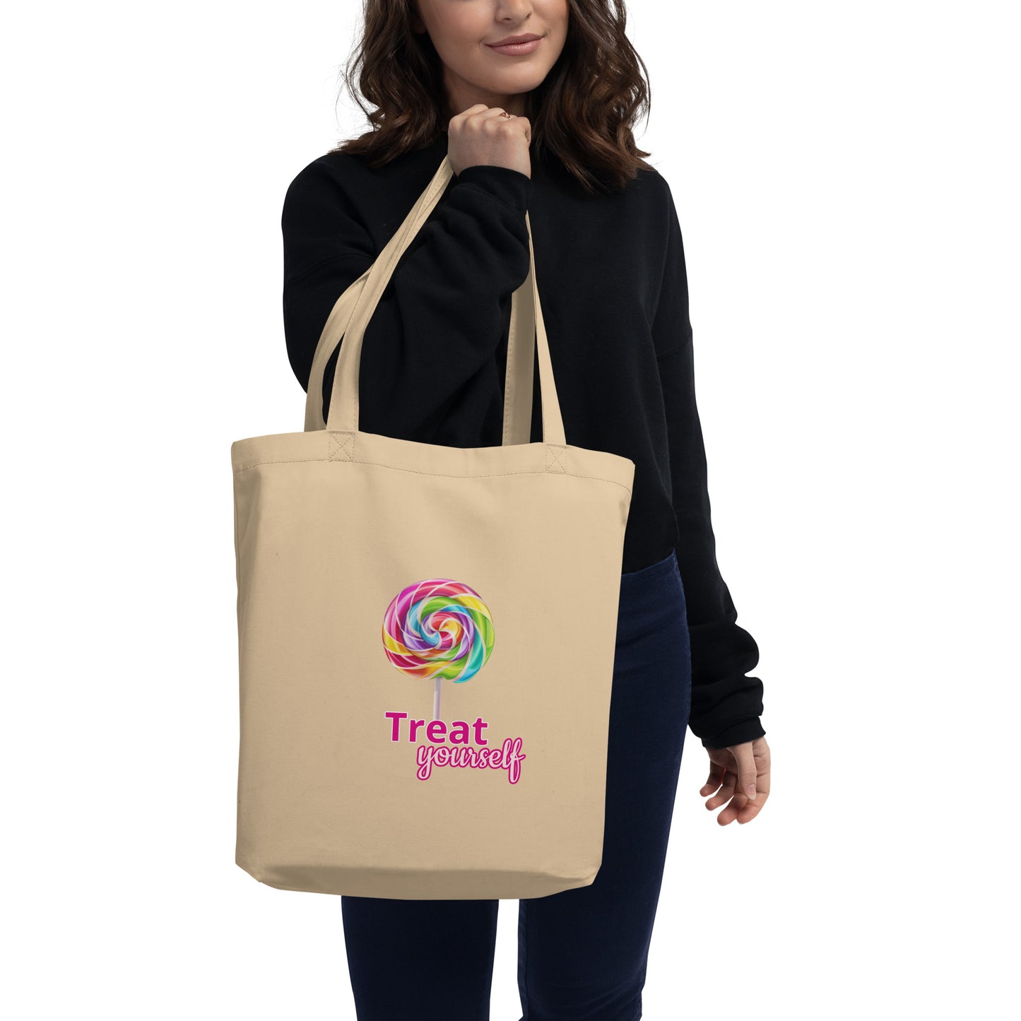 Cream organic cotton tote bag with a colorful "Treat Yourself" swirl logo by Sweet & Savage.