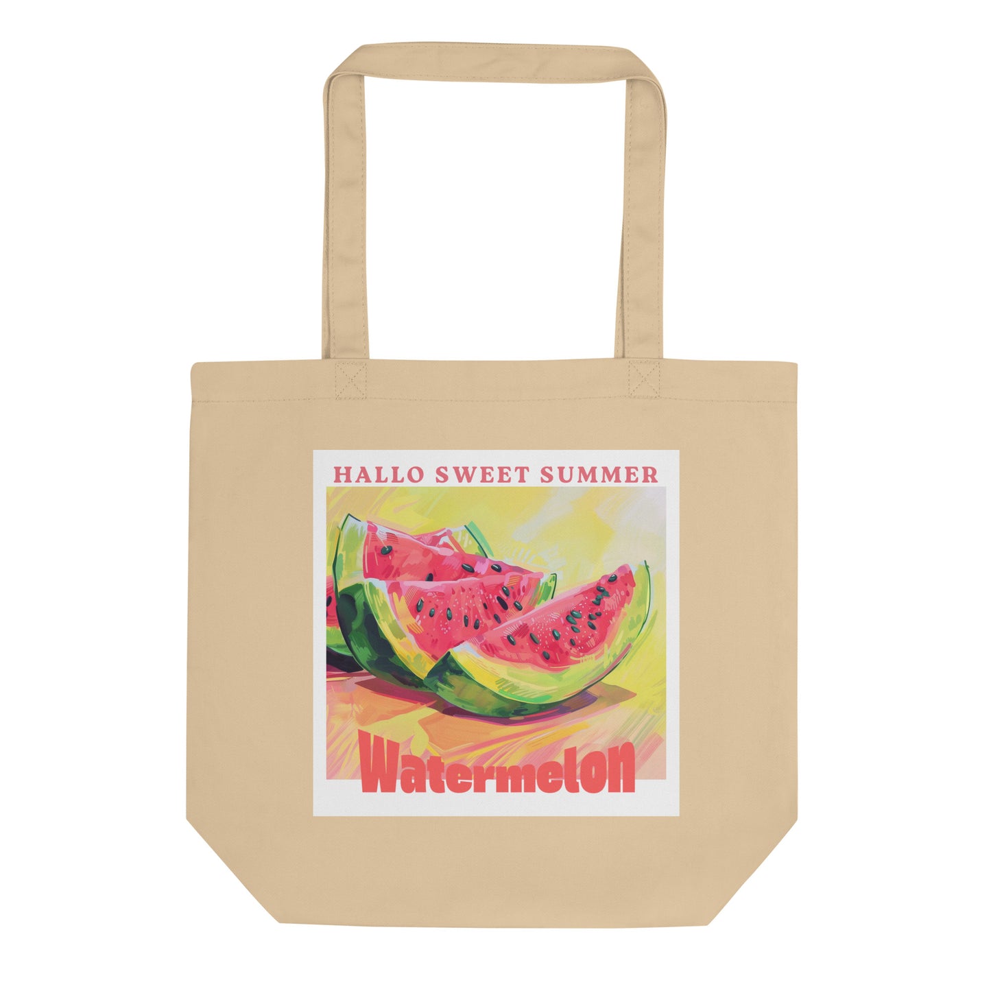 Beige tote bag with watermelon design and text 'Hallo Sweet Summer'on a white background