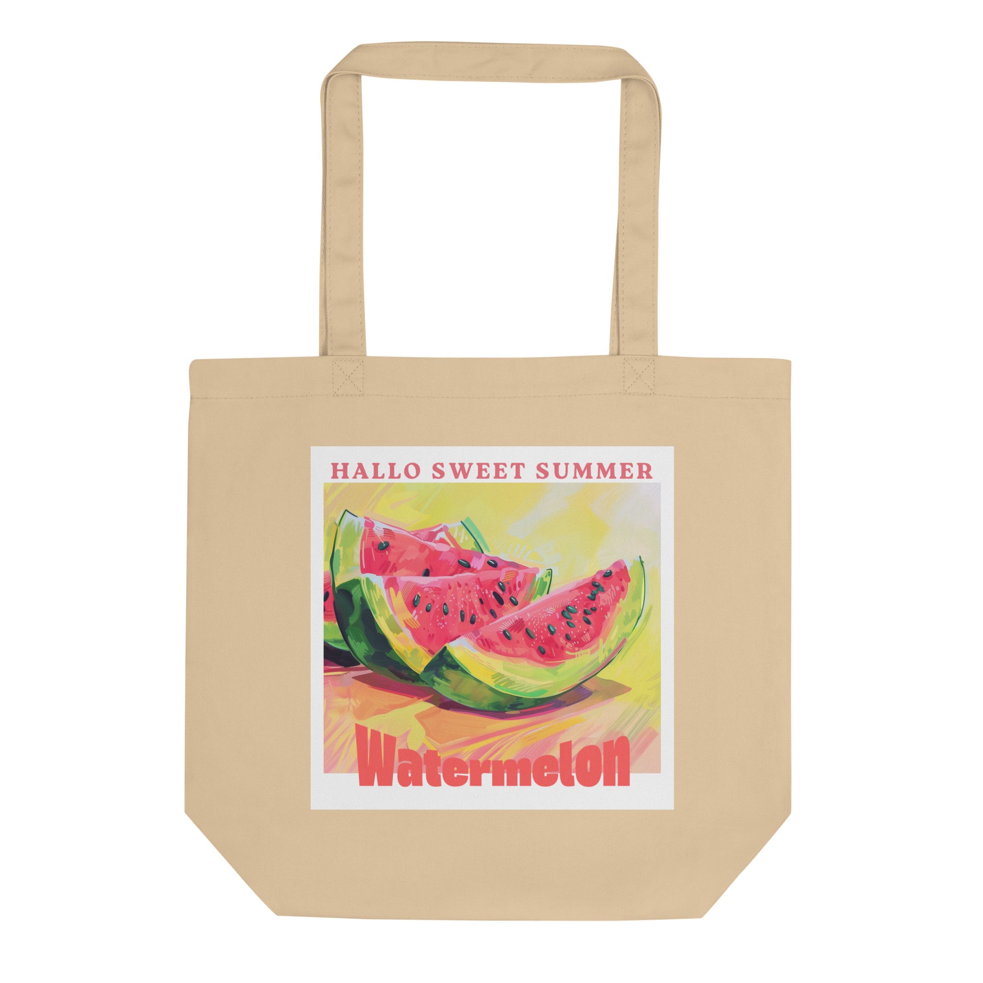 Beige tote bag with watermelon design and text 'Hallo Sweet Summer'on a white background