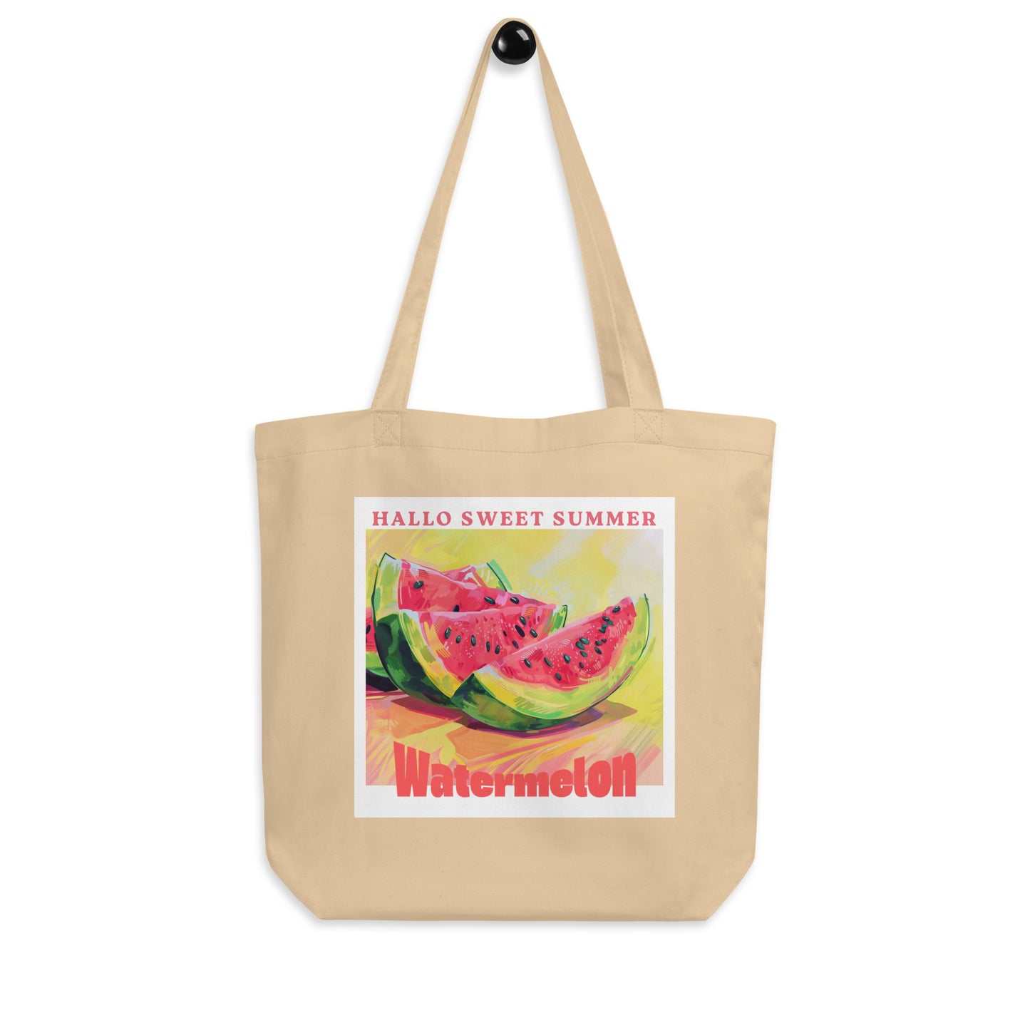 Beige tote bag with watermelon design and text on a white background