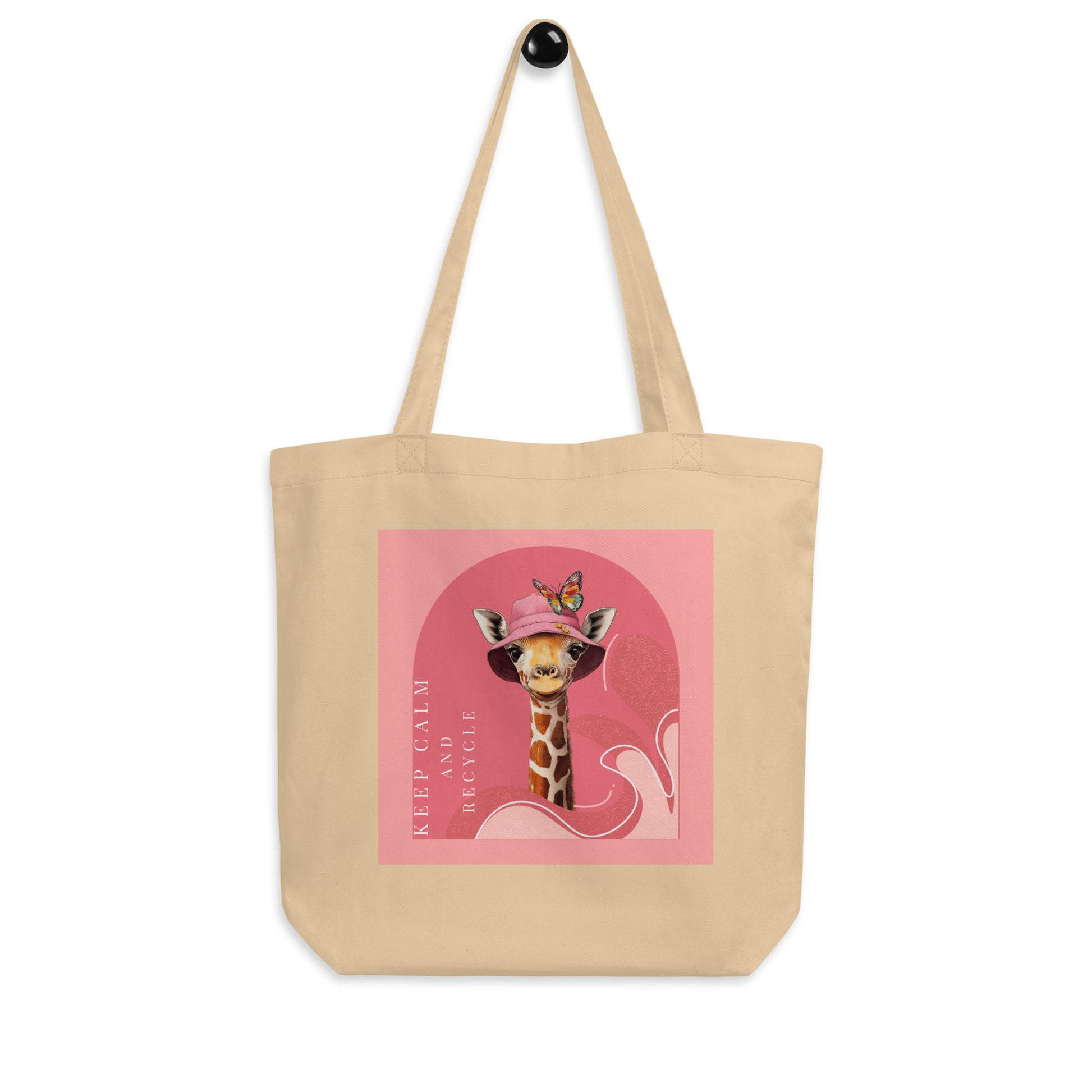 Sustainable oyster tote bag with pink giraffe illustration and text 'Keep Calm and Recycle' on a white background. 