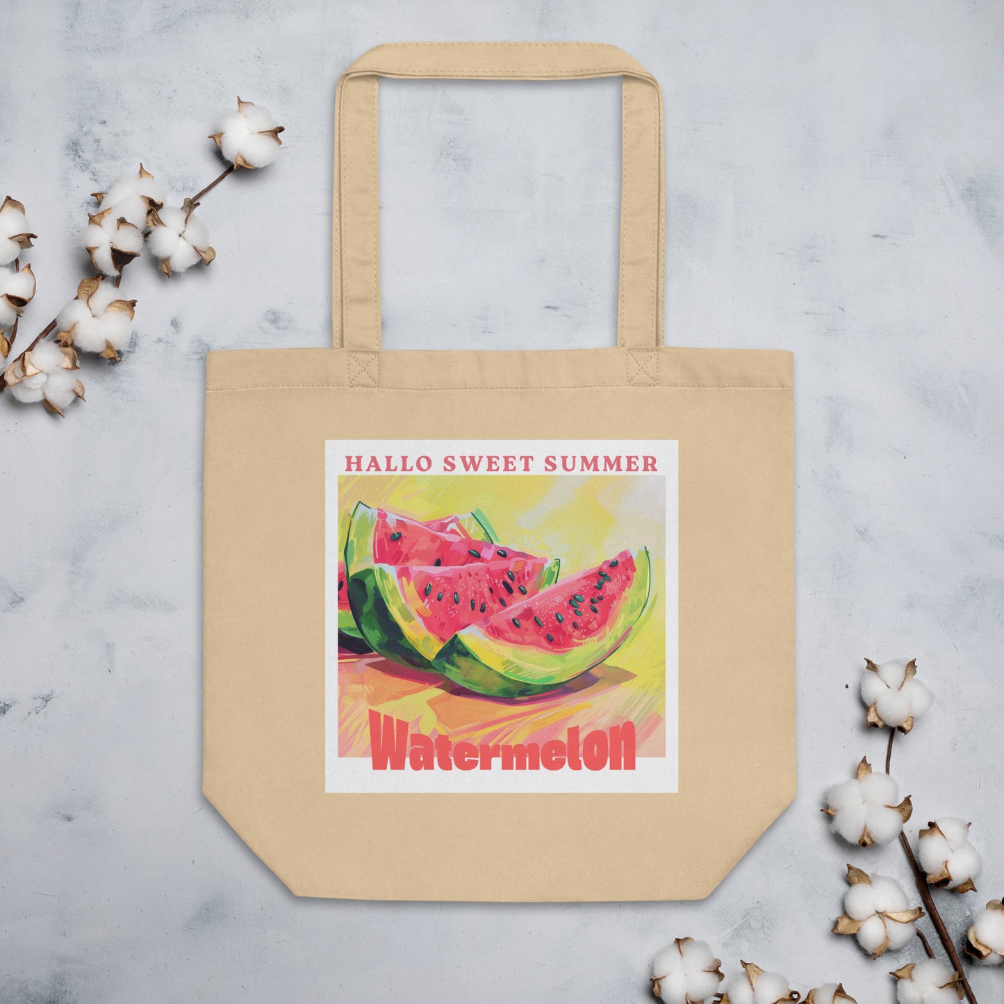 Beige tote bag with watermelon design and 'Hallo Sweet Summer Watermelon' text on a light gray background.