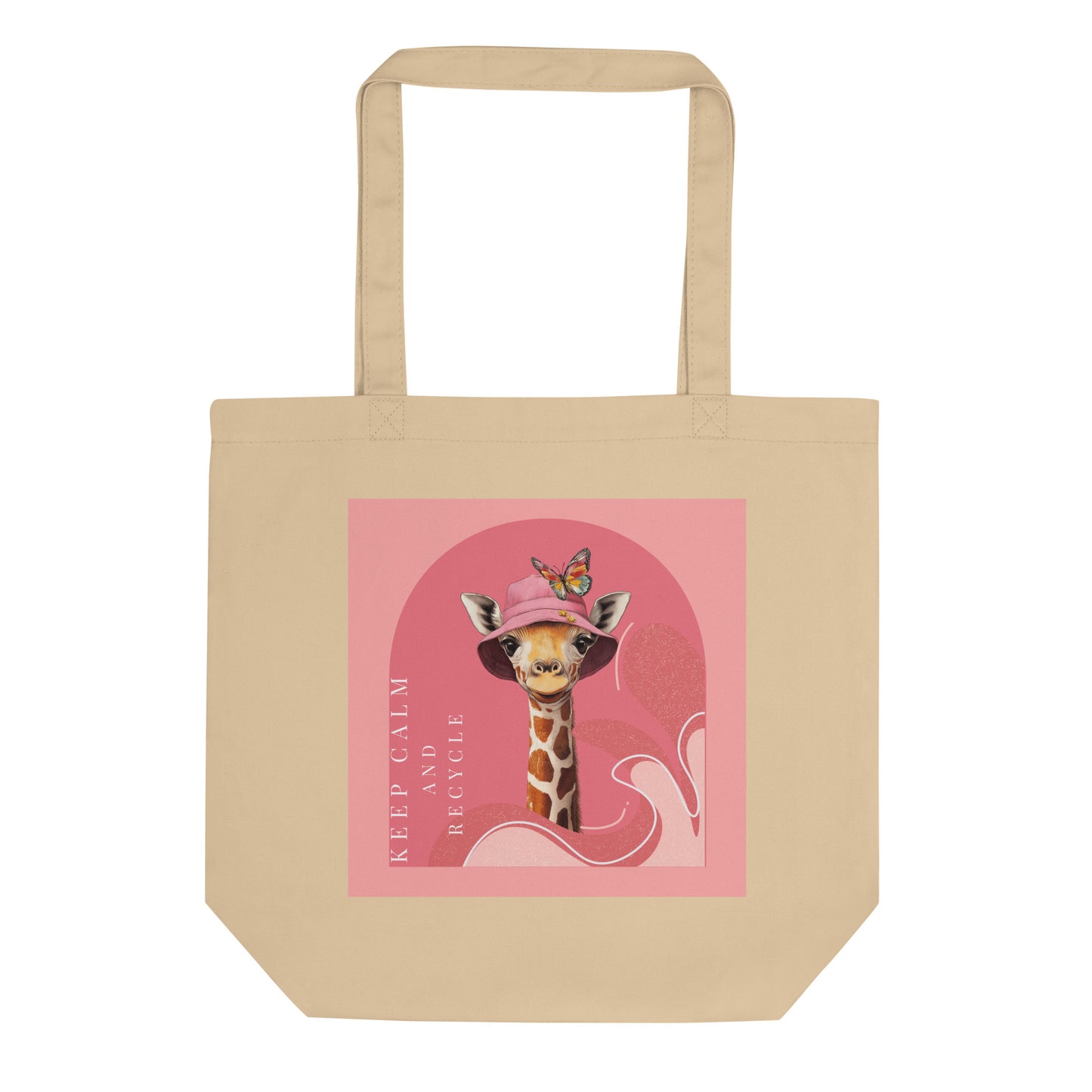 Sustainable oyster tote bag with pink giraffe illustration and text 'Keep Calm and Recycle' on a white background. 