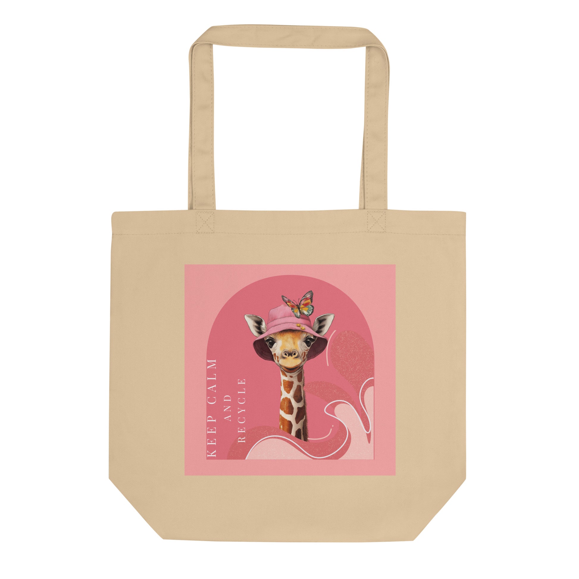 Sustainable oyster tote bag with pink giraffe illustration and text 'Keep Calm and Recycle' on a white background. 