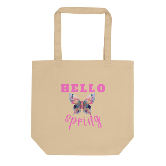 "Hello Spring" butterfly eco-tote bag with colorful watercolor design