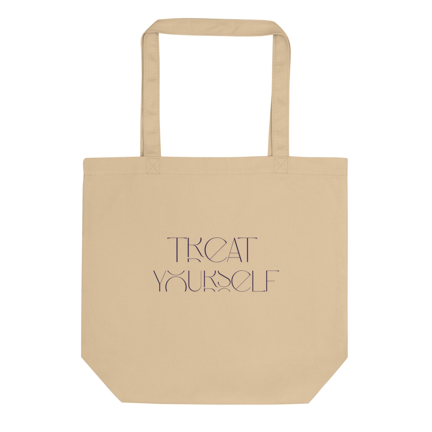 A beige canvas tote bag with long handles and the words 'TREAT YOURSELF' printed in a dark purple stylized font on the front, shown against a plain white background.