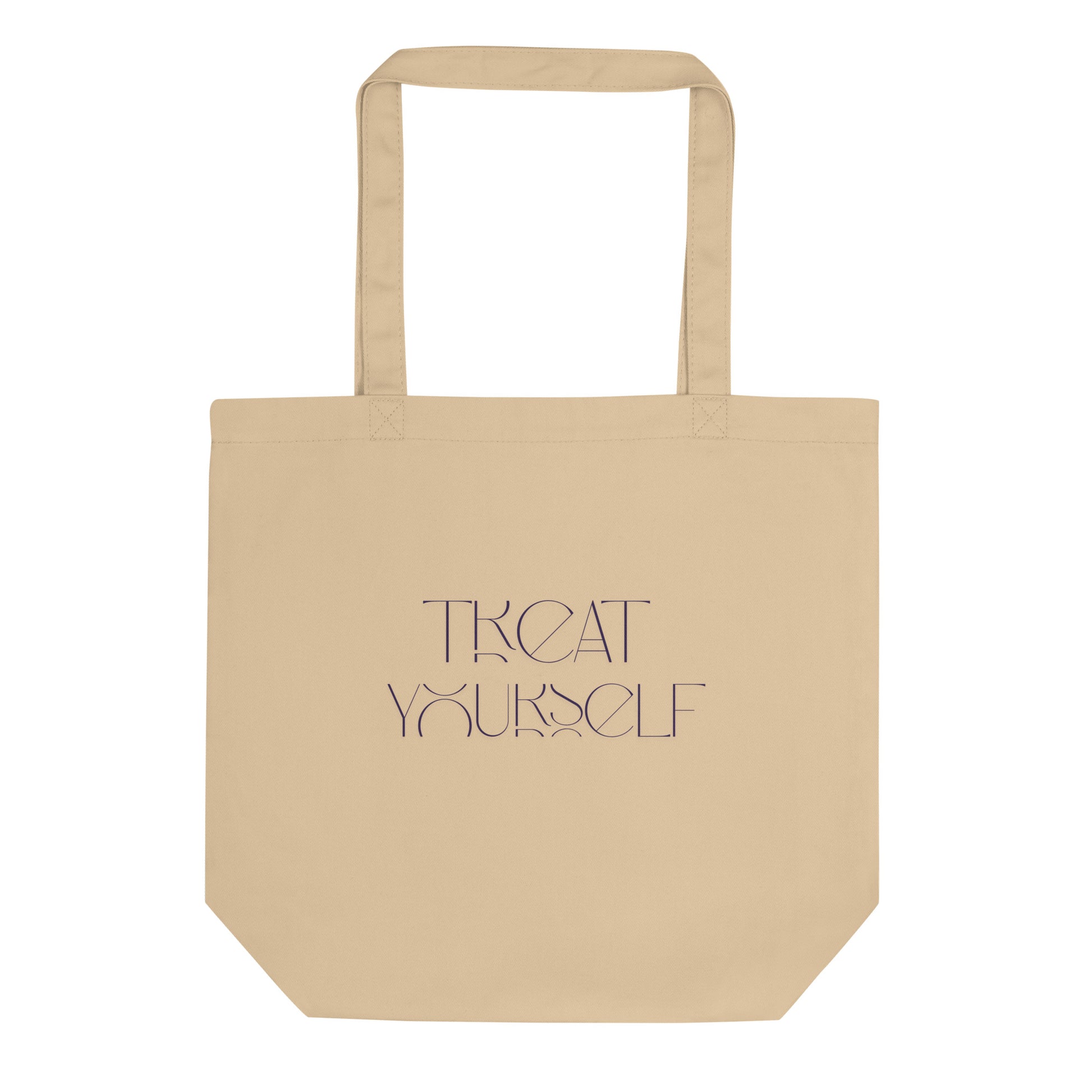 A beige canvas tote bag with long handles and the words 'TREAT YOURSELF' printed in a dark purple stylized font on the front, shown against a plain white background.