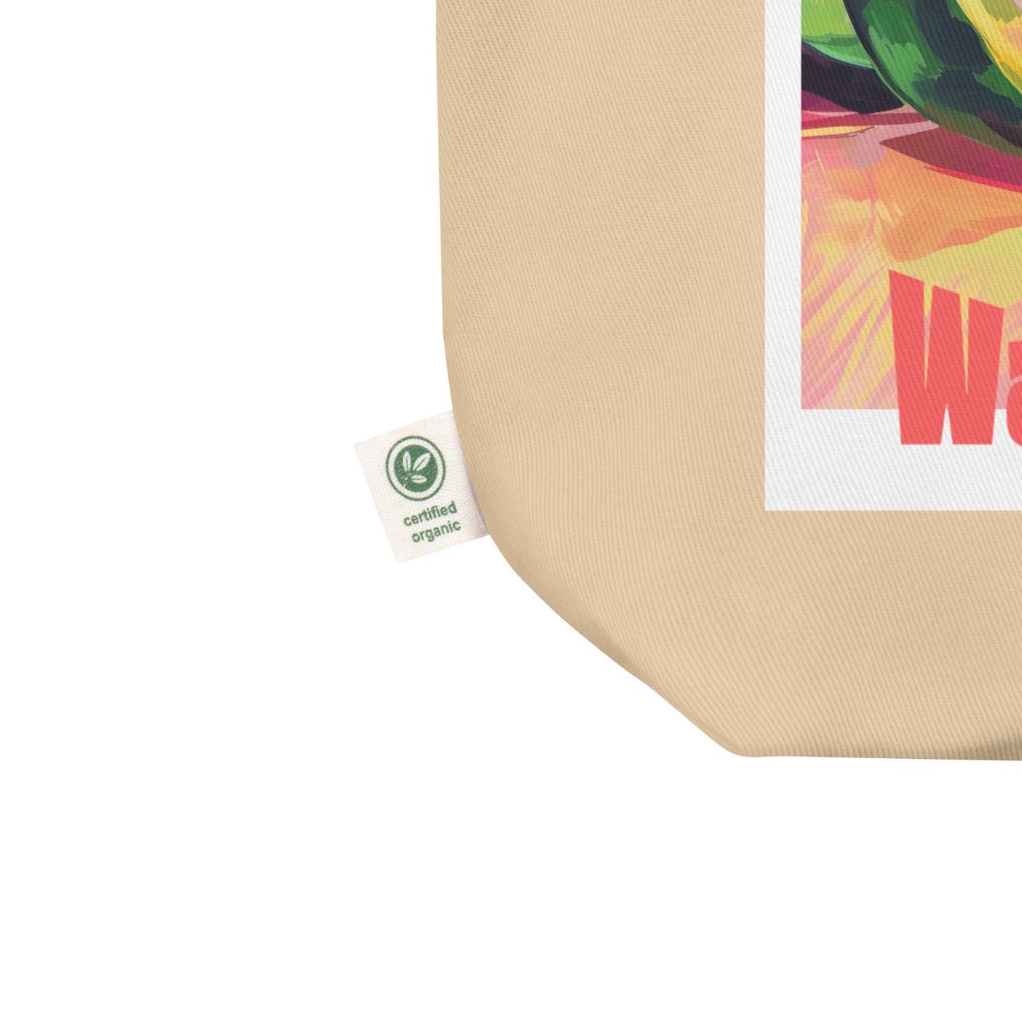 Beige product with a green certification label on a white background