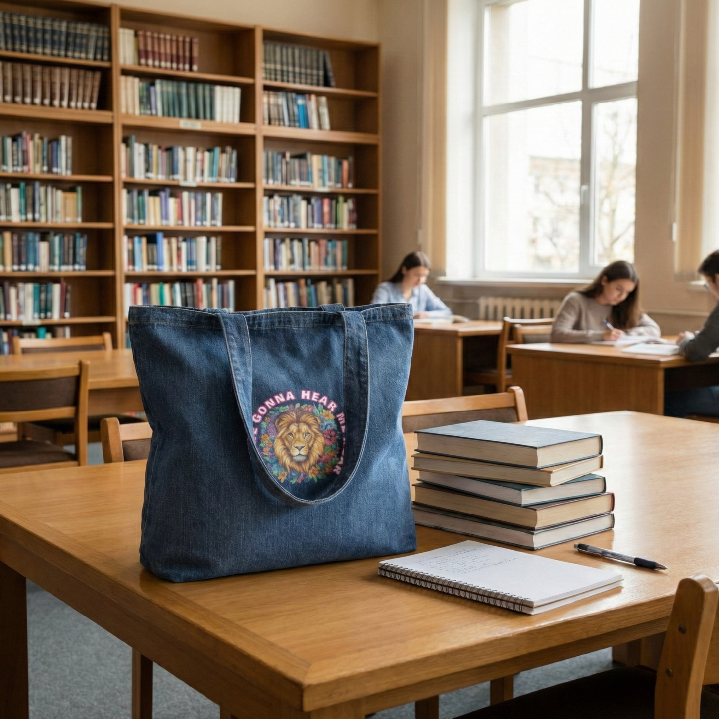 A high-quality lifestyle mockup of a blue denim tote bag sitting on a wooden library table. The bag prominently features a circular design of a lion with a vibrant floral mane and the text "YOU'RE GONNA HEAR ME ROAR". Beside the bag, there is a stack of hardcover books and an open notebook with a pen. The background depicts a studious environment with other patrons at tables and tall bookshelves filled with various books under soft, natural lighting.