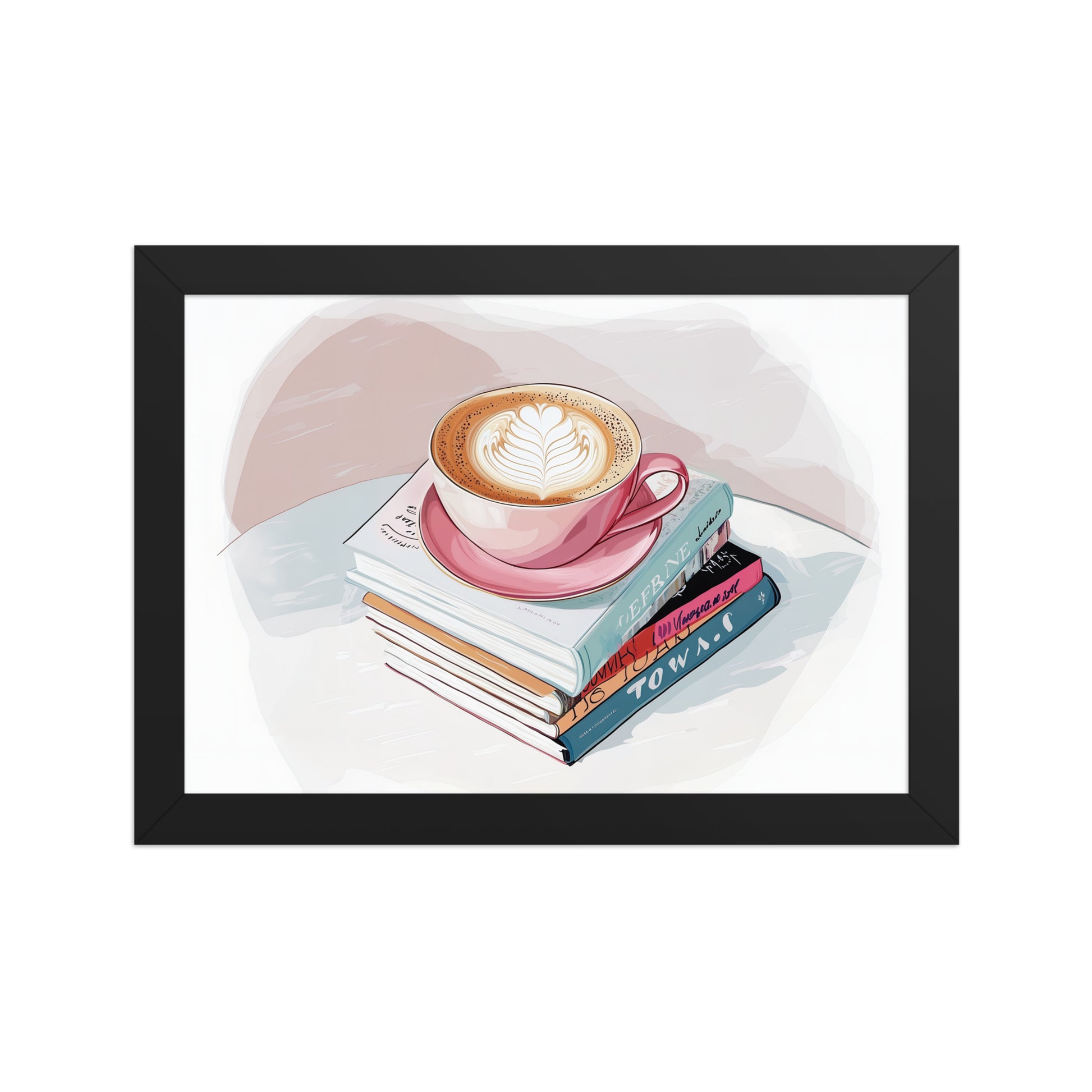 Framed poster illustration of a coffee cup on a stack of books, Sweet and Savage aesthetic wall art for home office.