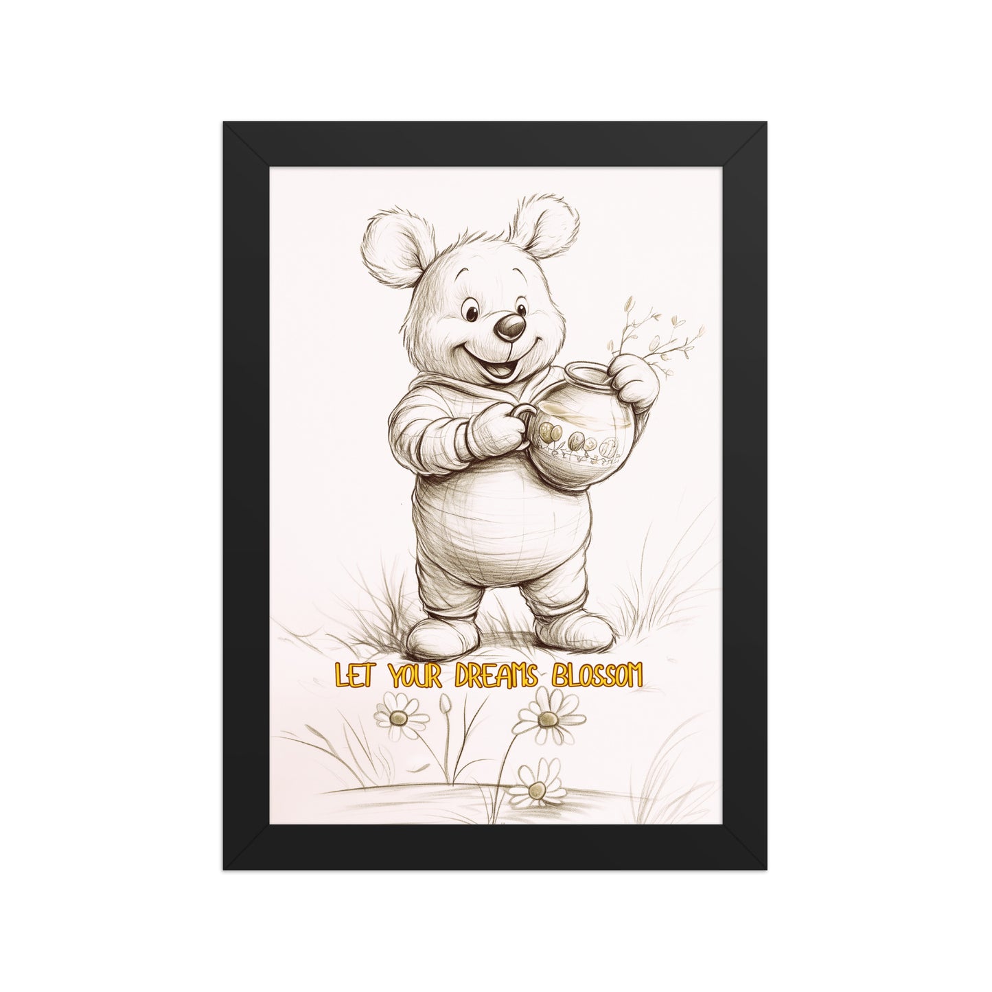 Hand-sketched bear illustration titled 'Let Your Dreams Blossom' in a sleek black gallery frame, perfect for modern kids' room decor.