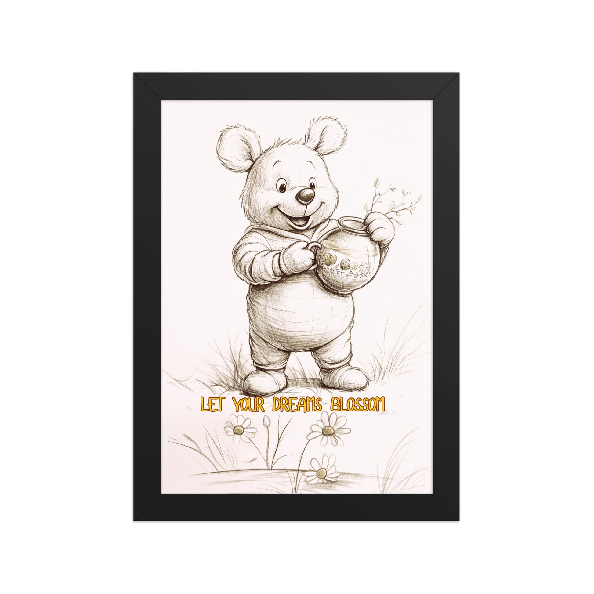 Hand-sketched bear illustration titled 'Let Your Dreams Blossom' in a sleek black gallery frame, perfect for modern kids' room decor.