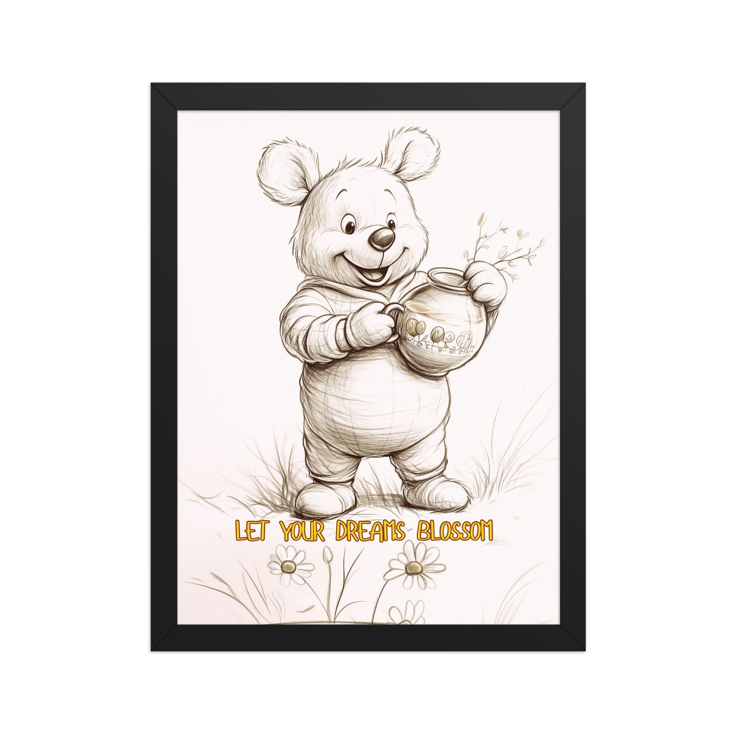 Hand-sketched bear illustration titled 'Let Your Dreams Blossom' in a sleek black gallery frame, perfect for modern kids' room decor.