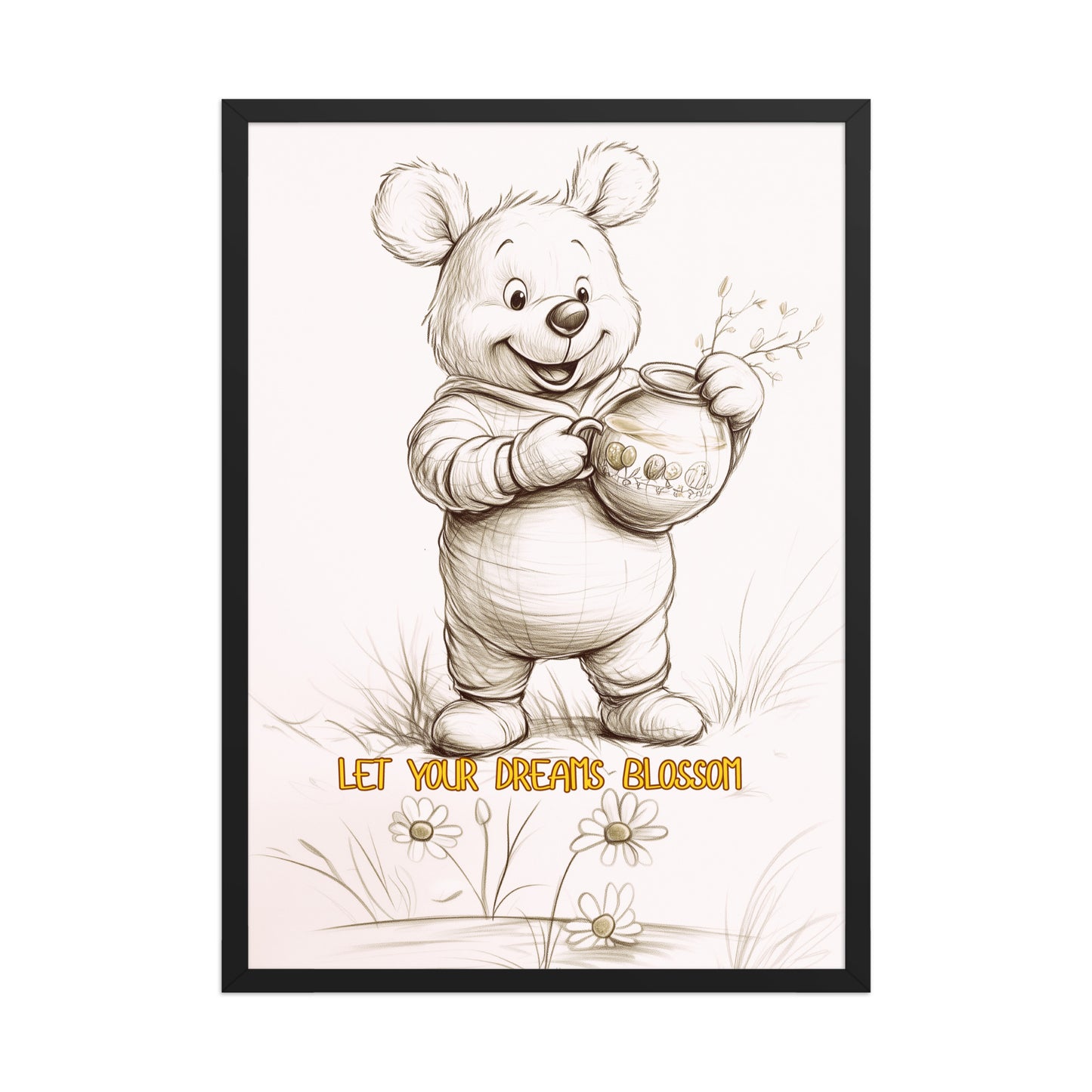 Hand-sketched bear illustration titled 'Let Your Dreams Blossom' in a sleek black gallery frame, perfect for modern kids' room decor.