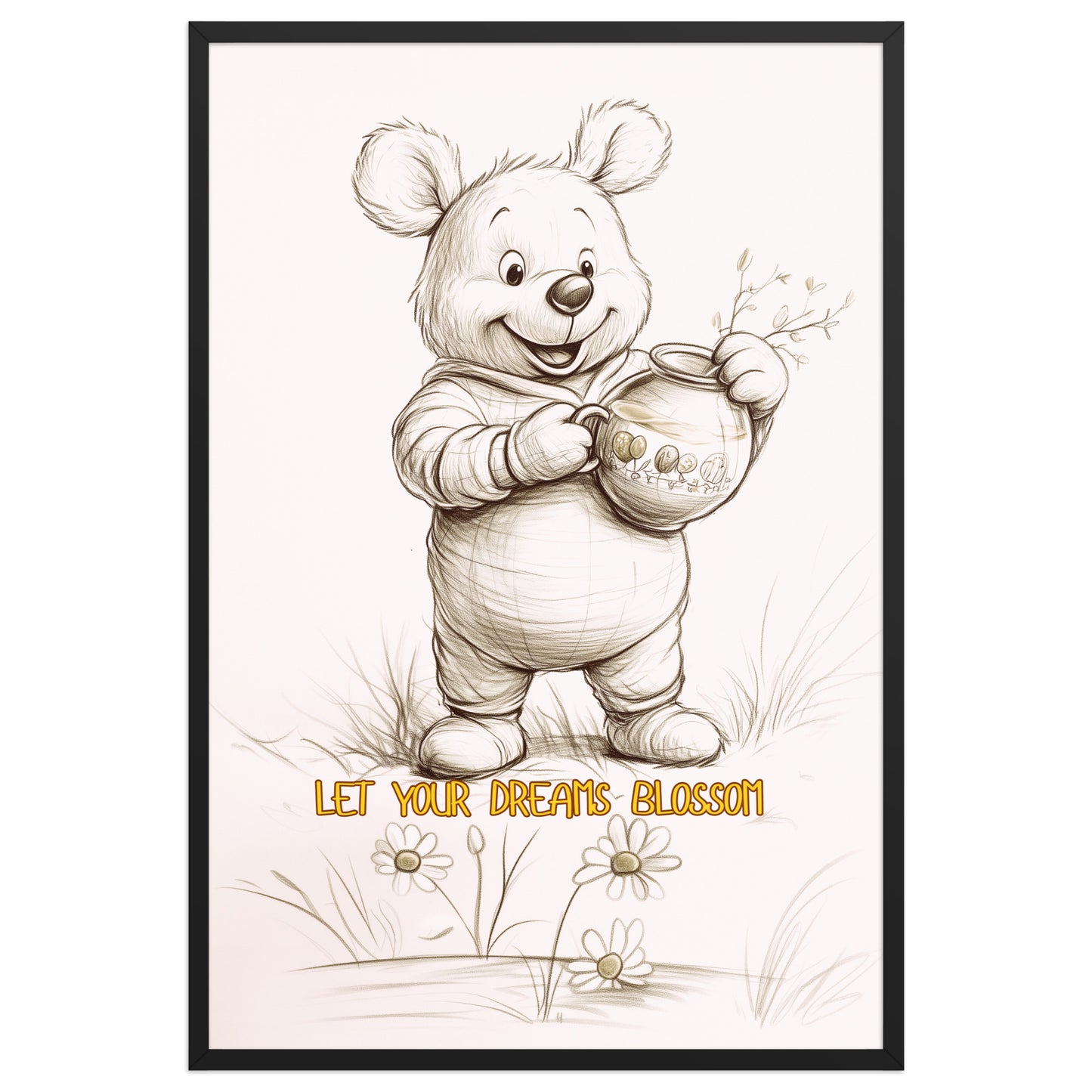 Hand-sketched bear illustration titled 'Let Your Dreams Blossom' in a sleek black gallery frame, perfect for modern kids' room decor.
