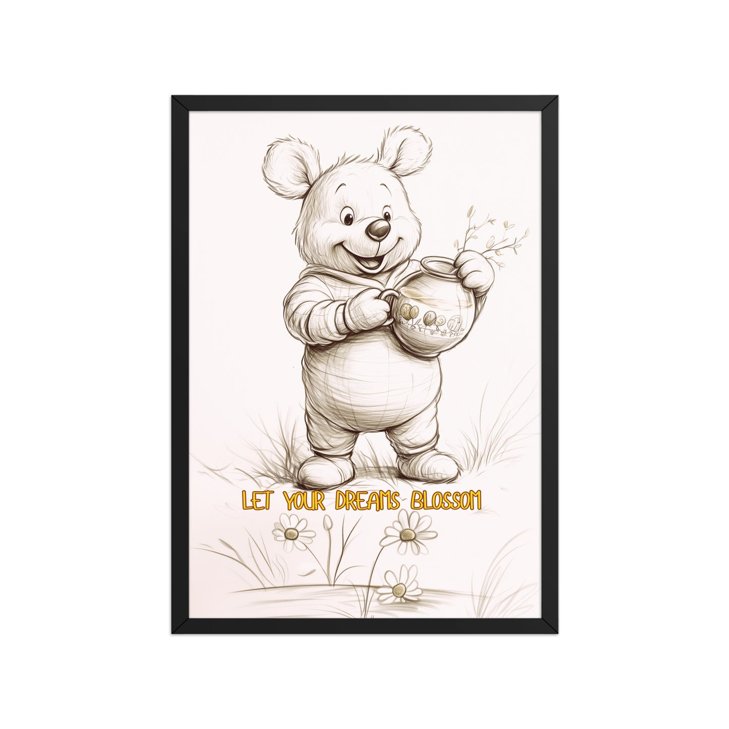 Hand-sketched bear illustration titled 'Let Your Dreams Blossom' in a sleek black gallery frame, perfect for modern kids' room decor.
