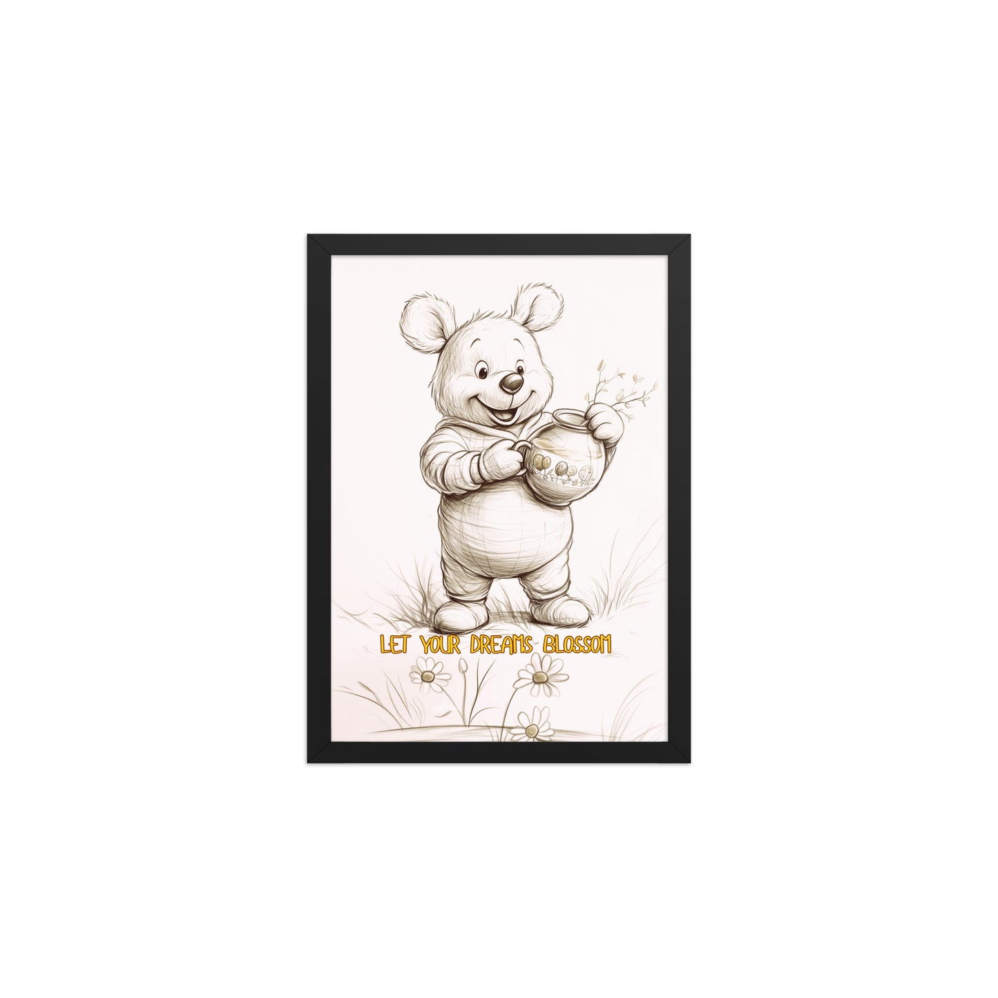 Hand-sketched bear illustration titled 'Let Your Dreams Blossom' in a sleek black gallery frame, perfect for modern kids' room decor.
