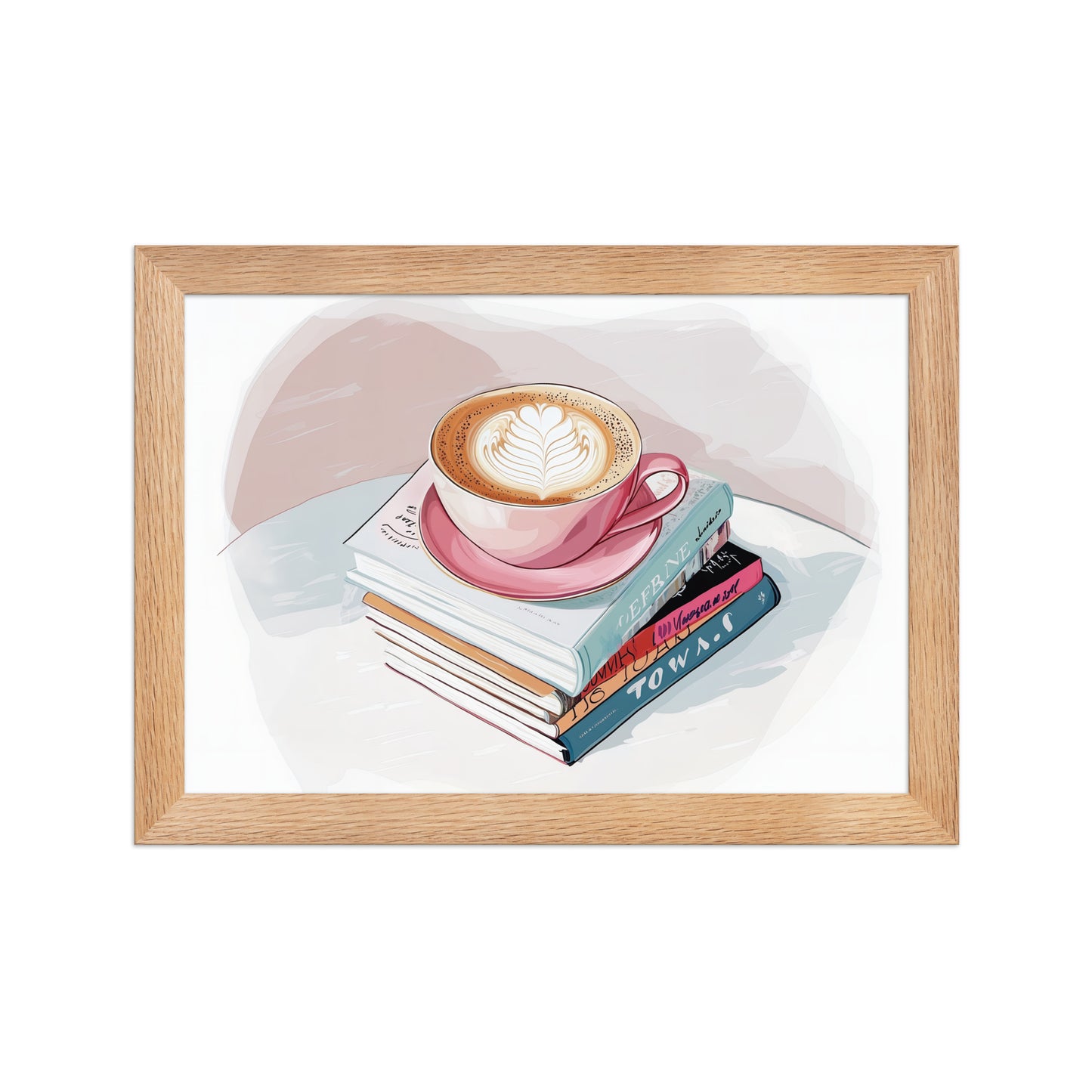 Framed poster illustration of a coffee cup on a stack of books, Sweet and Savage aesthetic wall art for home office.