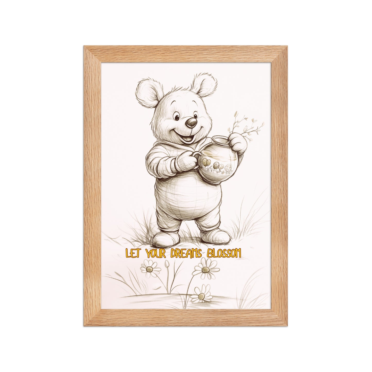 Let Your Dreams Blossom framed bear poster in a light oak wood frame. 