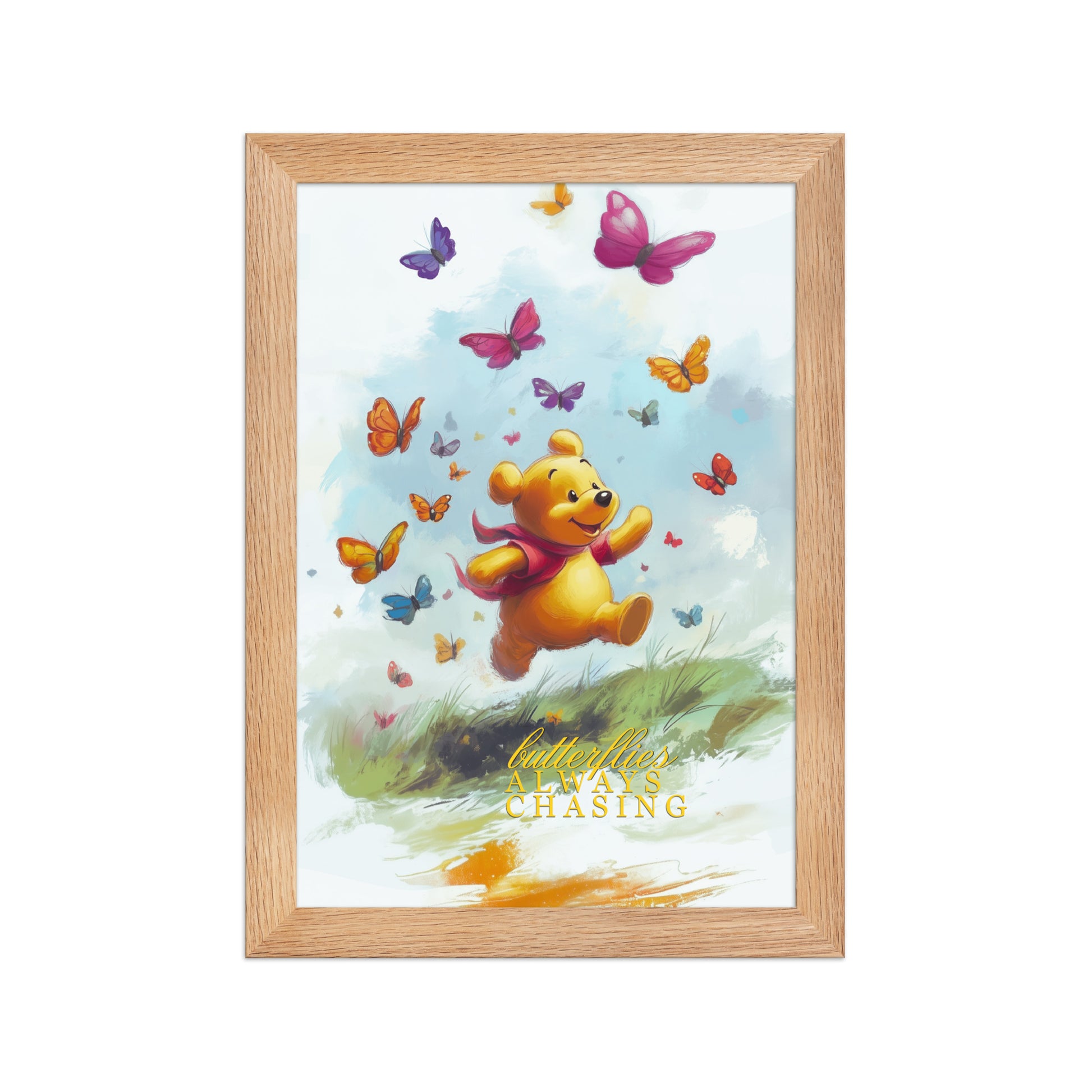 Framed poster of Winnie the Pooh with butterflies on a white background. 