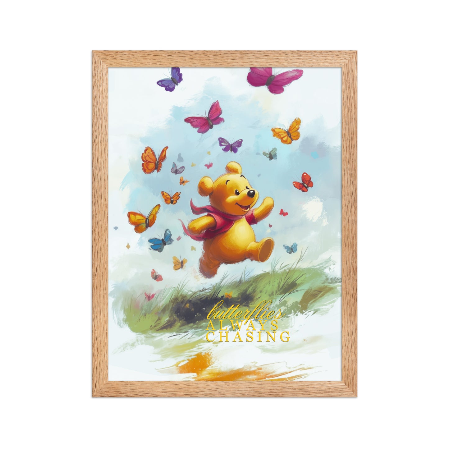 Framed poster of Winnie the Pooh with butterflies on a light blue background. 