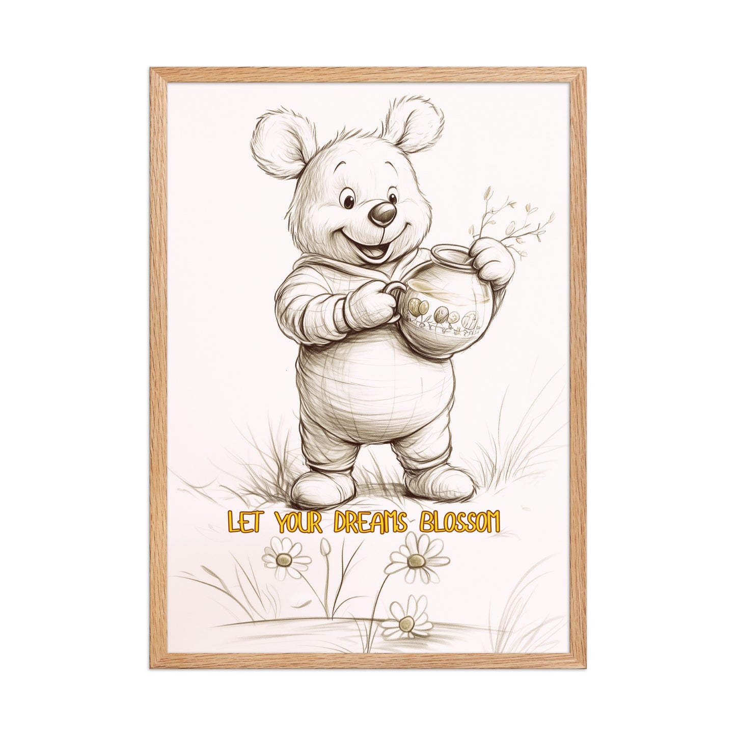 Scandi-style children's wall art featuring a cute bear and flowers in a clean oak wood frame, ideal for a bright and airy nursery.