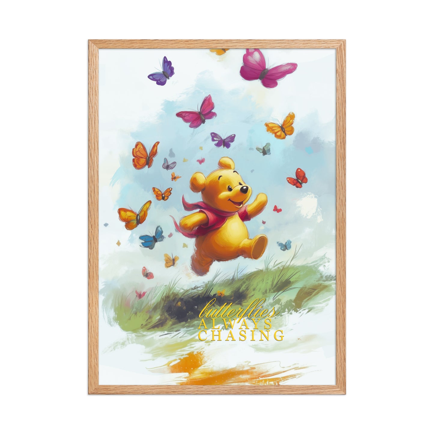 Framed poster of Winnie the Pooh with butterflies on a white background. 