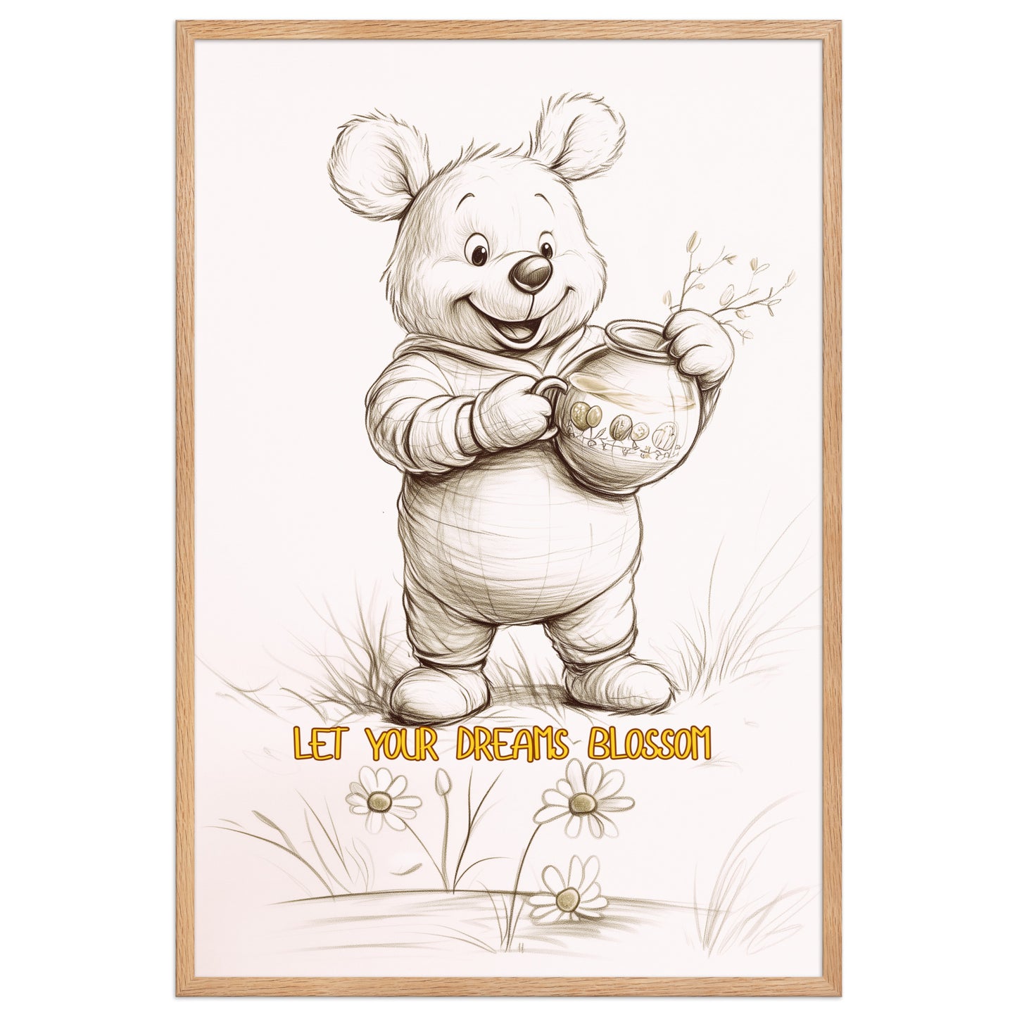Scandi-style children's wall art featuring a cute bear and flowers in a clean oak wood frame, ideal for a bright and airy nursery.