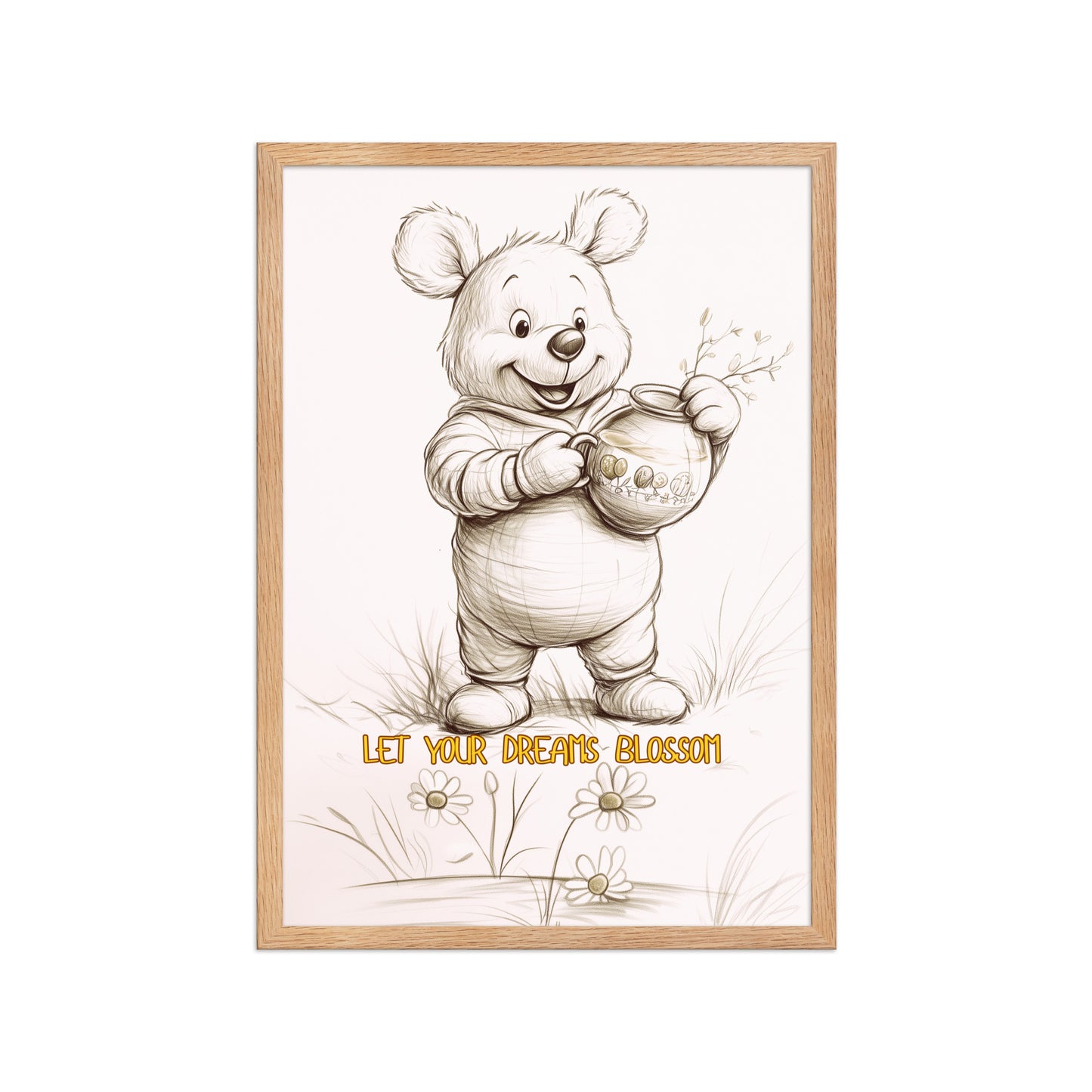 Scandi-style children's wall art featuring a cute bear and flowers in a clean oak wood frame, ideal for a bright and airy nursery.