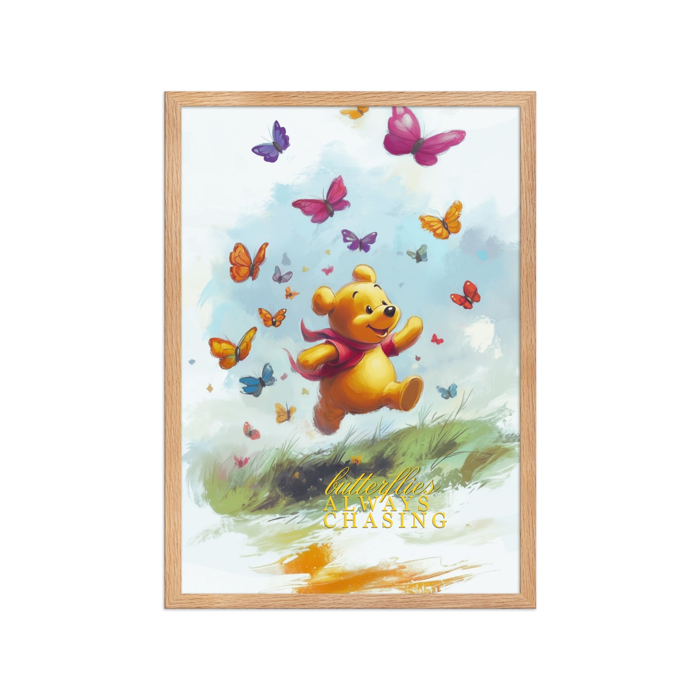 Framed poster of Winnie the Pooh with butterflies on a white background