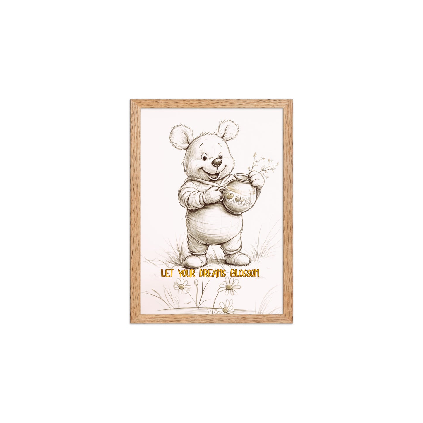 Scandi-style children's wall art featuring a cute bear and flowers in a clean oak wood frame, ideal for a bright and airy nursery.