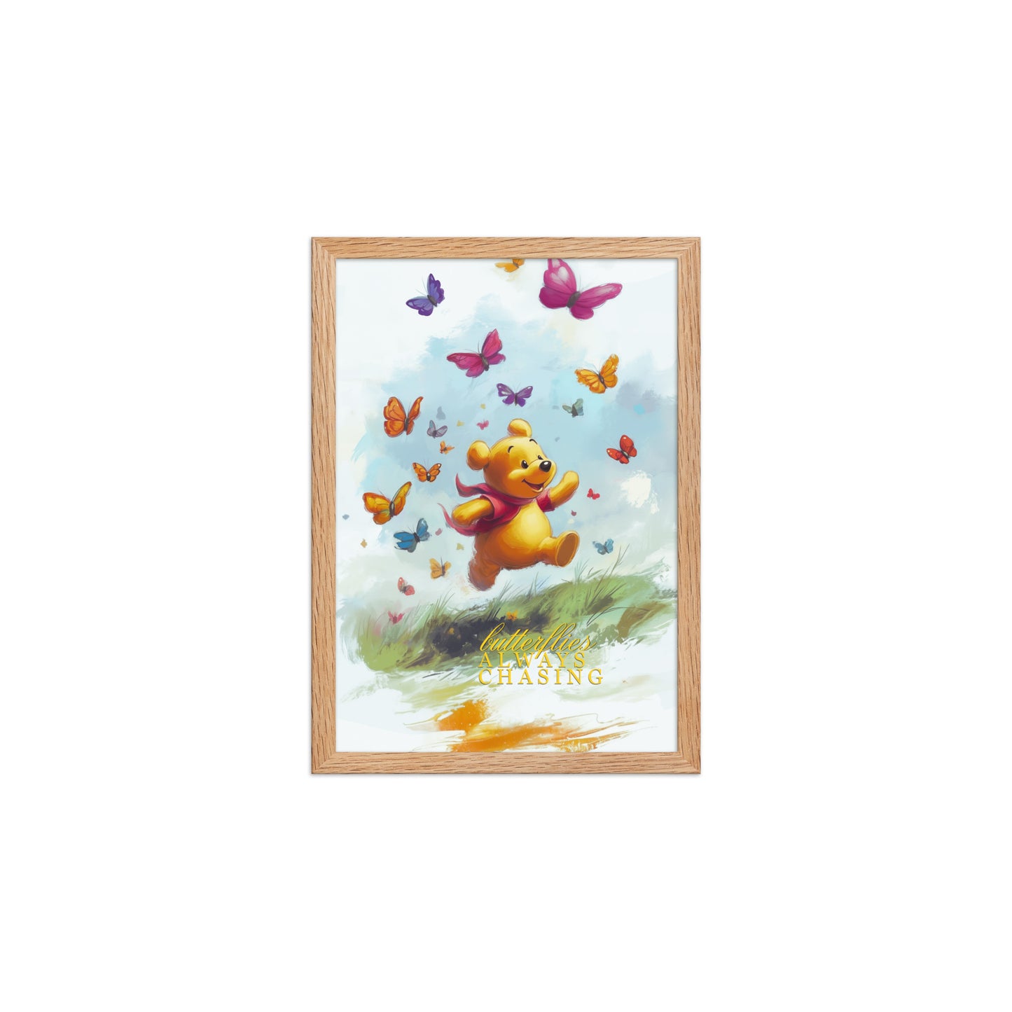 Framed poster of Winnie the Pooh with butterflies on a white background. 