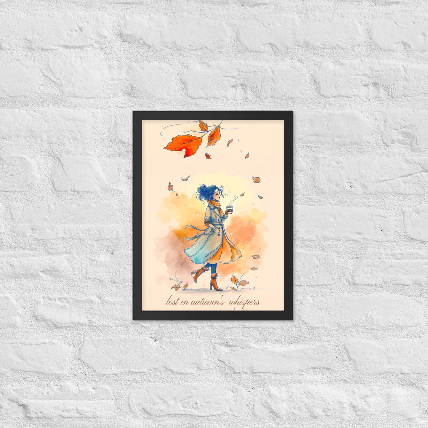 Framed artwork showing a woman in a long coat carrying a coffee cup amidst falling autumn leaves.