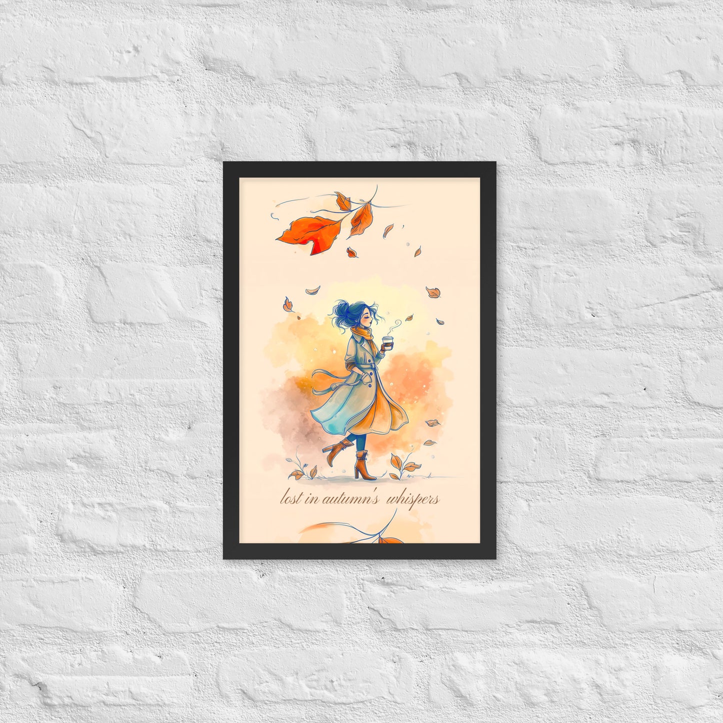 Framed artwork showing a woman in a long coat carrying a coffee cup amidst falling autumn leaves.