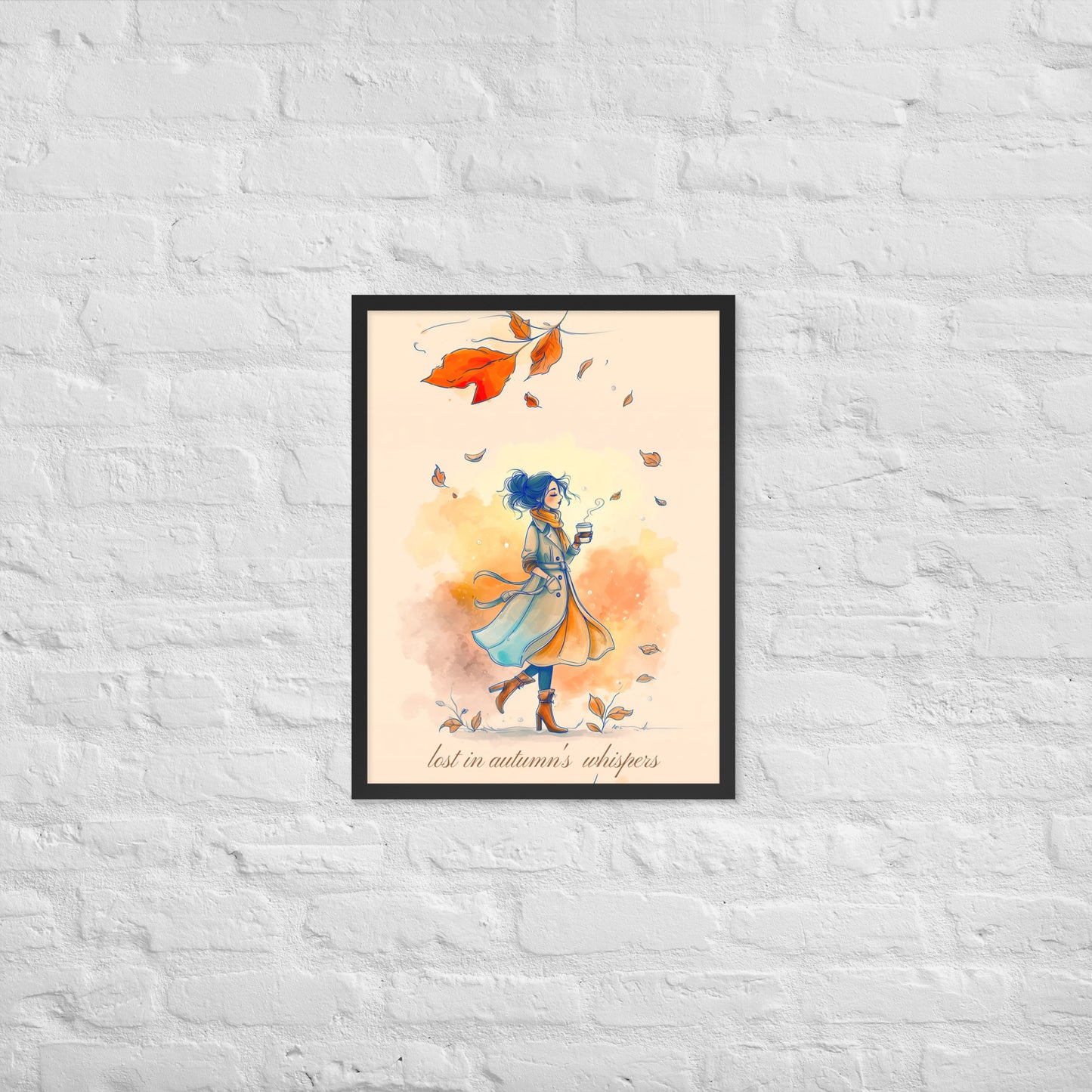 Framed artwork showing a woman in a long coat carrying a coffee cup amidst falling autumn leaves.