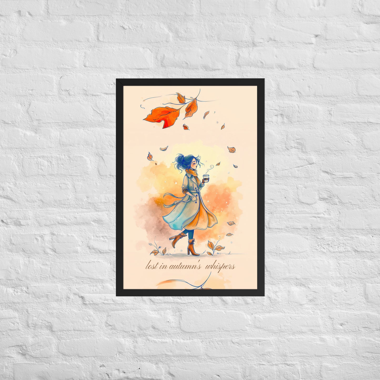 Framed autumn wall art featuring a watercolor illustration of a woman in a coat holding coffee, walking through swirling orange leaves with the text 'lost in autumn's whispers.' Mockup shows the black-framed poster on a white brick background.