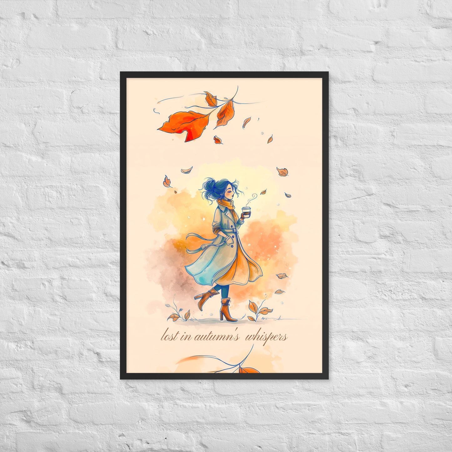 Framed artwork showing a woman in a long coat carrying a coffee cup amidst falling autumn leaves.