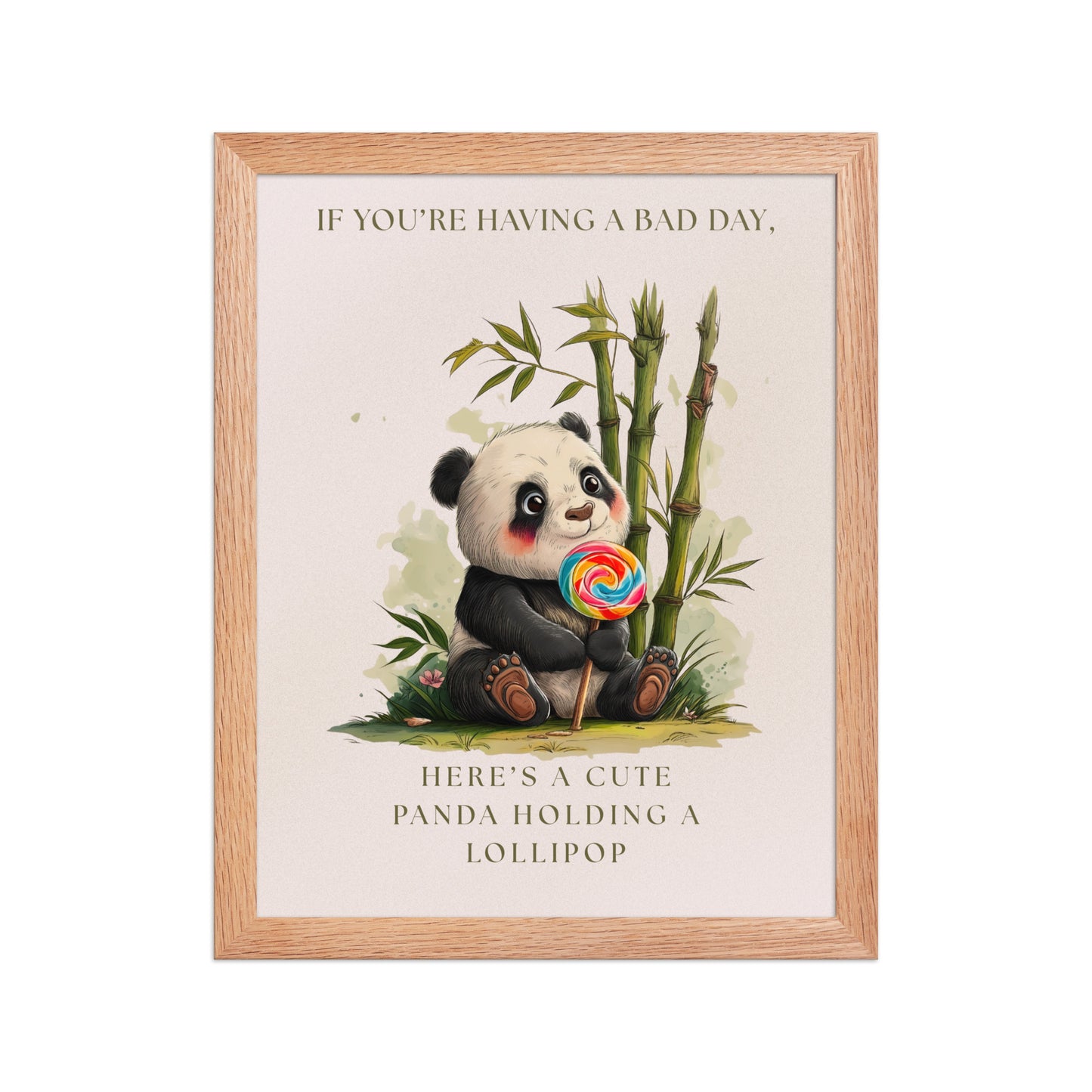 Cute panda framed poster for nursery decor featuring an illustration of a panda holding a rainbow lollipop with bamboo in the background. Encased in a light wood oak frame on a high-quality matte finish paper.