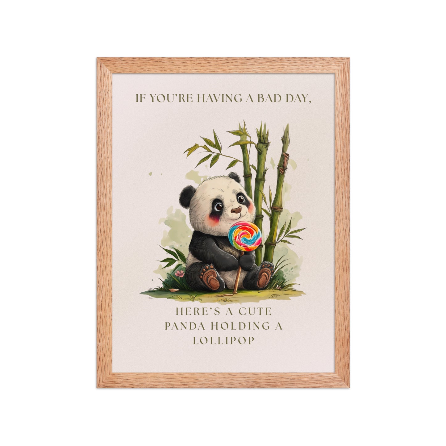 Cute panda framed poster for nursery decor featuring an illustration of a panda holding a rainbow lollipop with bamboo in the background. Encased in a light wood oak frame on a high-quality matte finish paper.