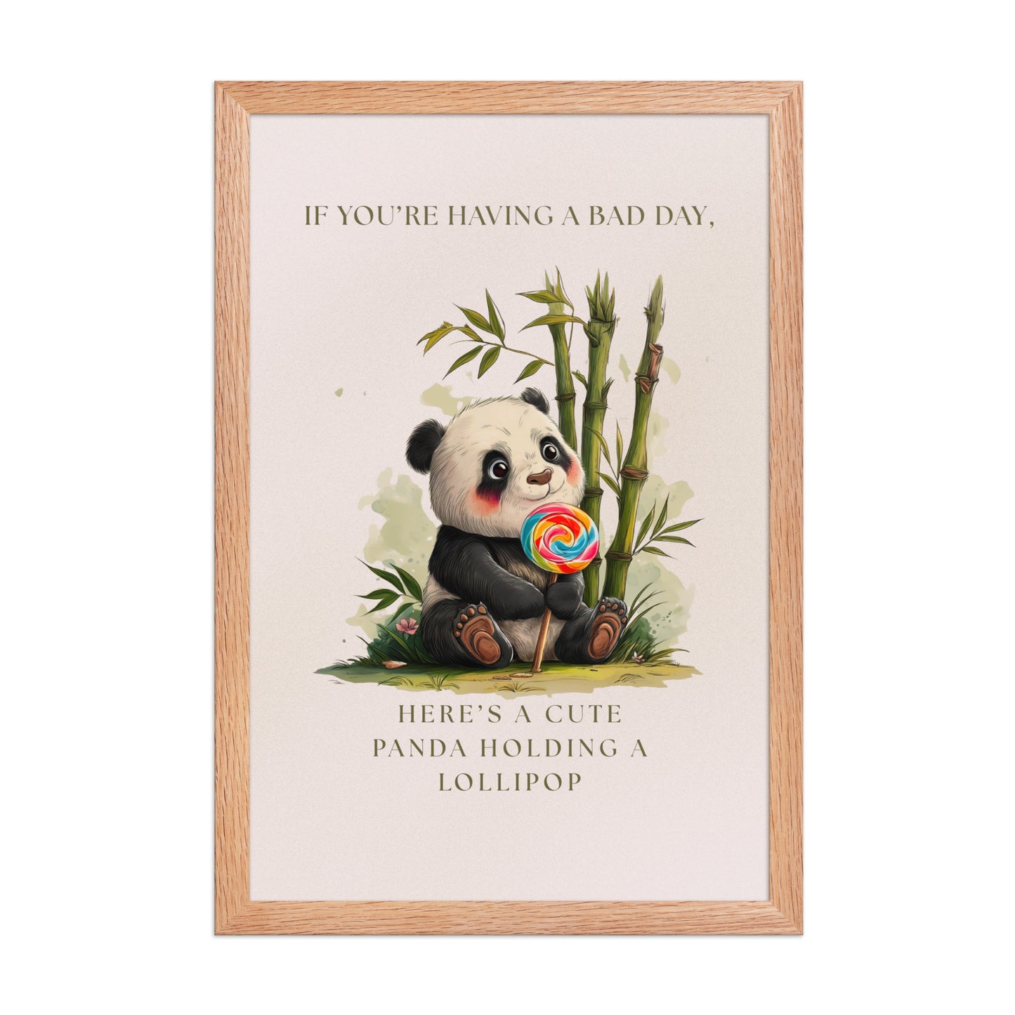 Cute panda framed poster for nursery decor featuring an illustration of a panda holding a rainbow lollipop with bamboo in the background. Encased in a light wood oak frame on a high-quality matte finish paper.