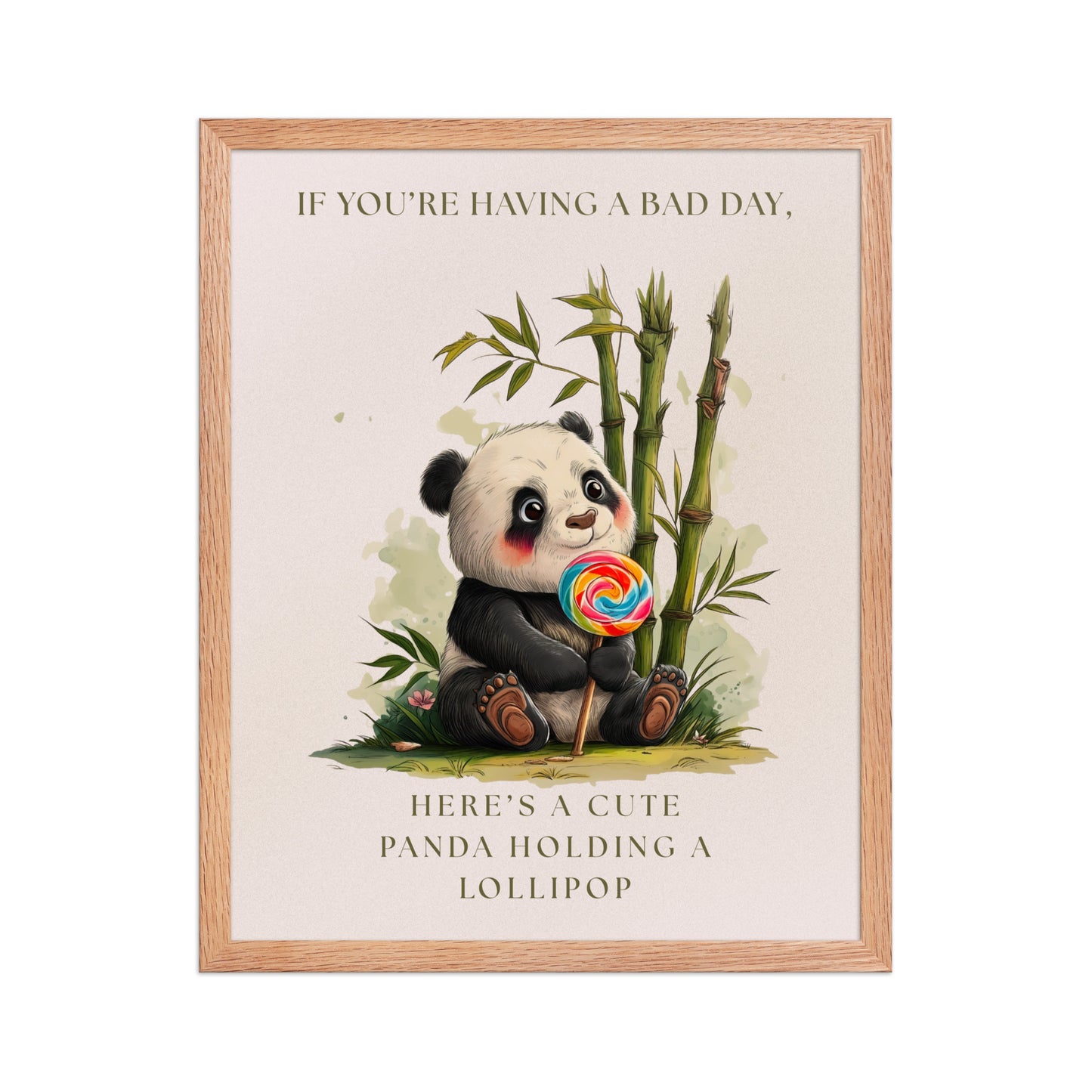 Cute panda framed poster for nursery decor featuring an illustration of a panda holding a rainbow lollipop with bamboo in the background. Encased in a light wood oak frame on a high-quality matte finish paper.