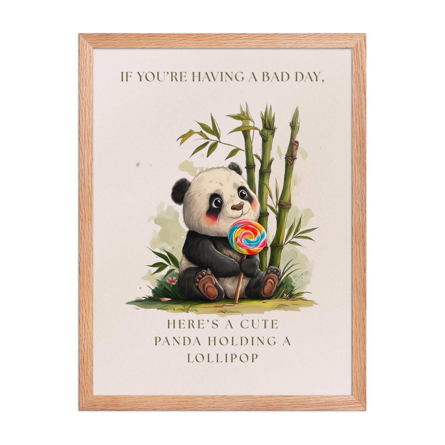 Cute panda framed poster for nursery decor featuring an illustration of a panda holding a rainbow lollipop with bamboo in the background. Encased in a light wood oak frame on a high-quality matte finish paper.