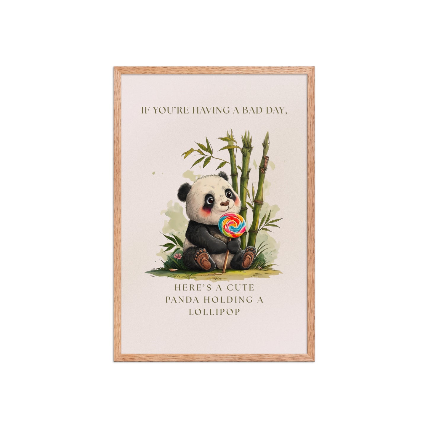 Cute panda framed poster for nursery decor featuring an illustration of a panda holding a rainbow lollipop with bamboo in the background. Encased in a light wood oak frame on a high-quality matte finish paper.