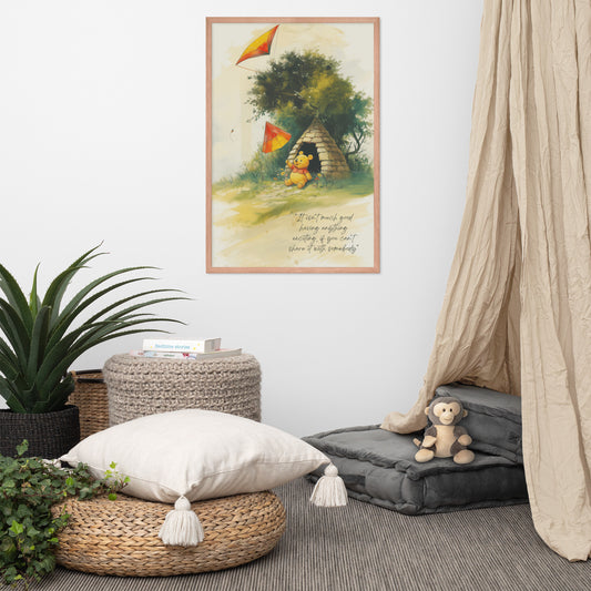 Framed nursery poster in red oak frame featuring a classic watercolor illustration of a bear and kite. Shown in a cozy kids room setting with linen canopy, knitted poufs, and a plush monkey toy.
