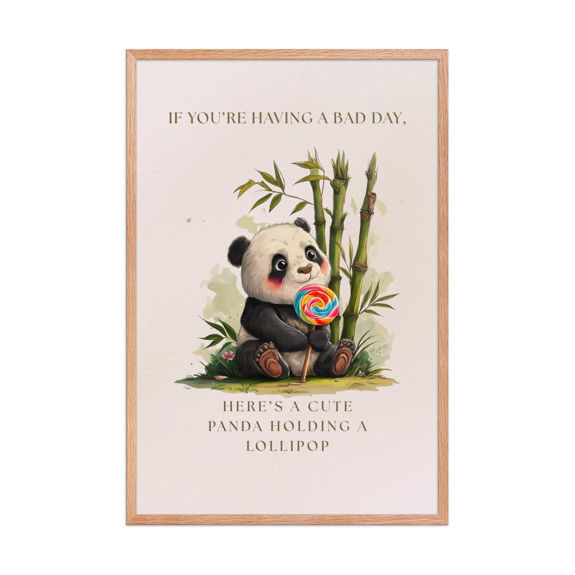 Cute panda framed poster for nursery decor featuring an illustration of a panda holding a rainbow lollipop with bamboo in the background. Encased in a light wood oak frame on a high-quality matte finish paper.