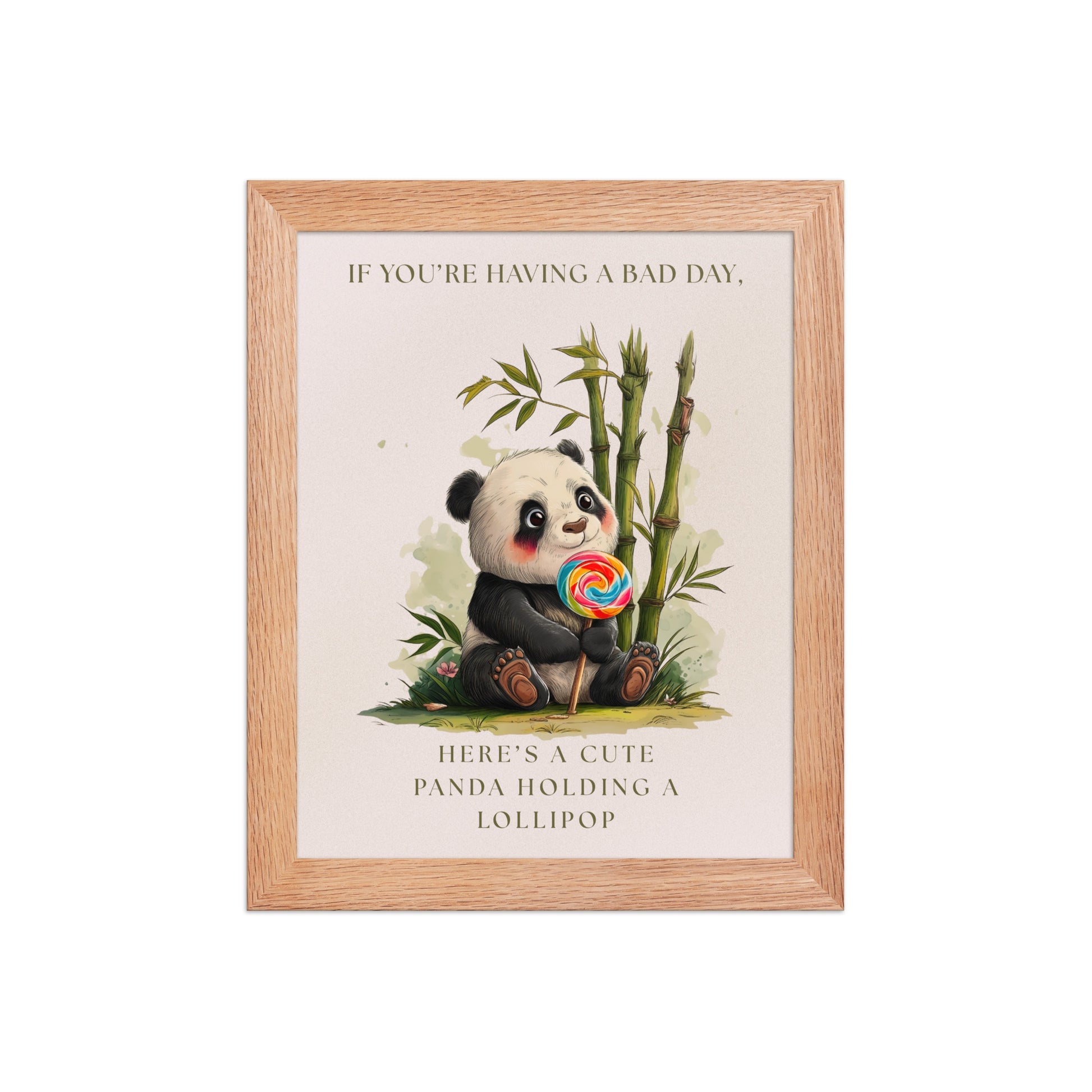 Cute panda framed poster for nursery decor featuring an illustration of a panda holding a rainbow lollipop with bamboo in the background. Encased in a light wood oak frame on a high-quality matte finish paper.