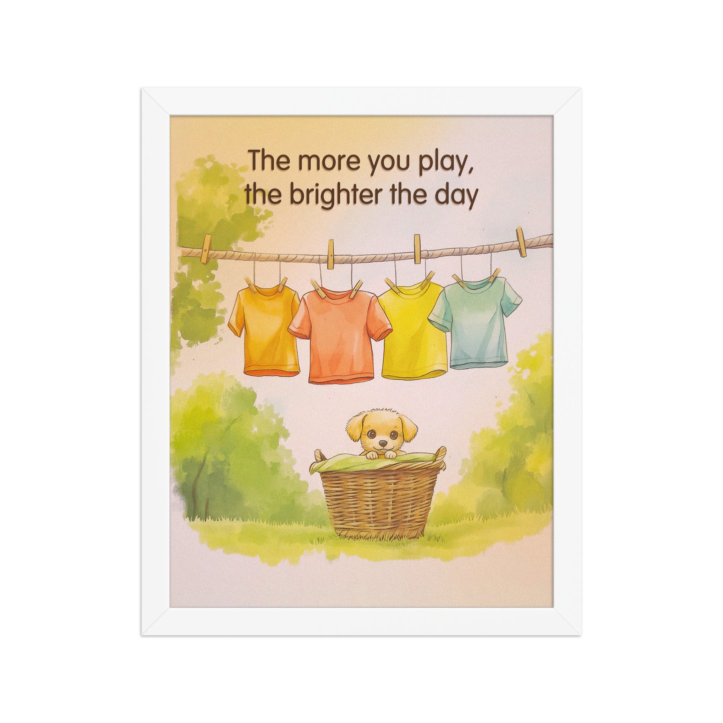 The More You Play framed poster by Sweet and Savage featuring a cute puppy sitting in a wicker laundry basket surrounded by colorful clothes.