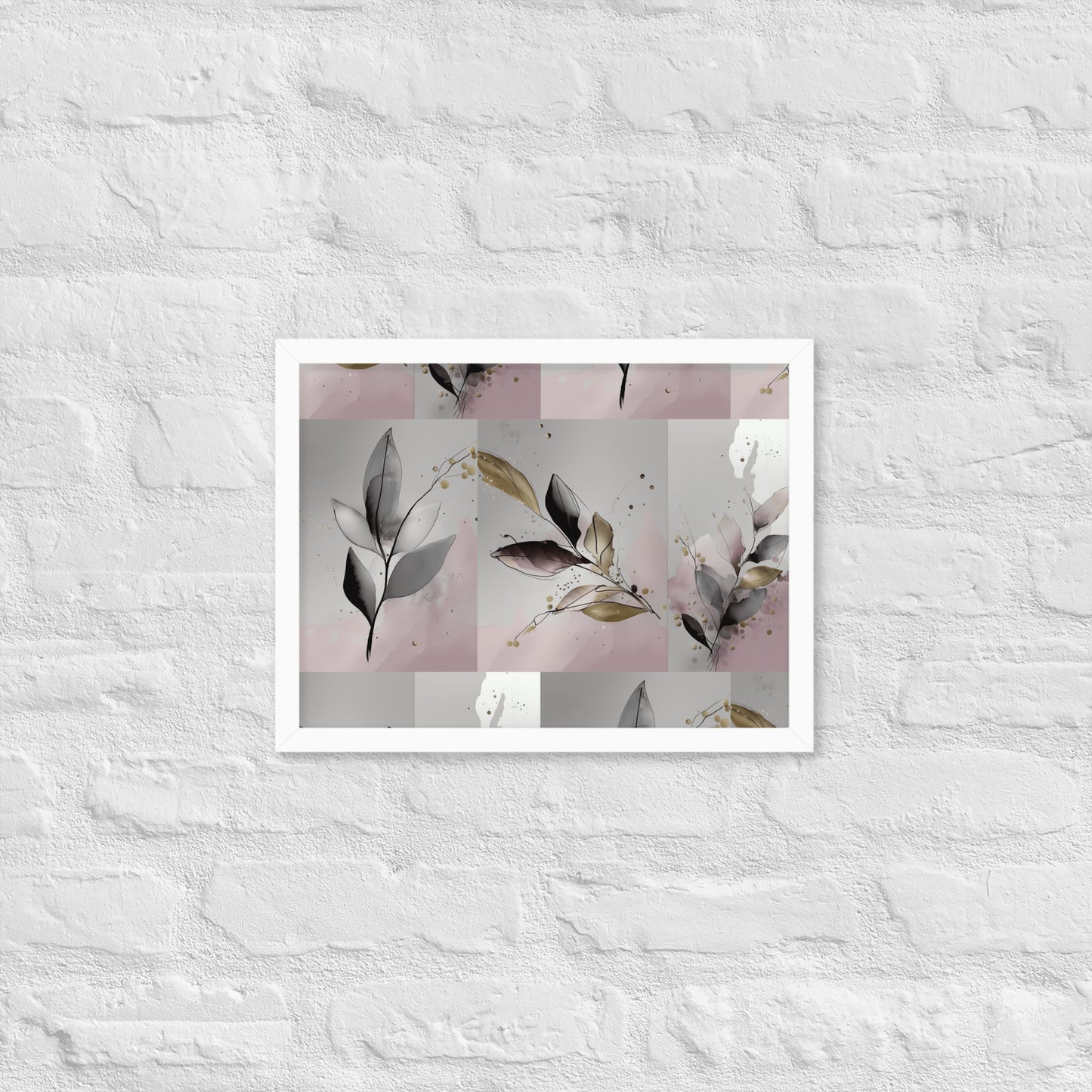 'Close Your Eyes and Make a Wish' framed floral poster hanging on a wall. The poster features a botanical watercolor design in pink and grey tones,